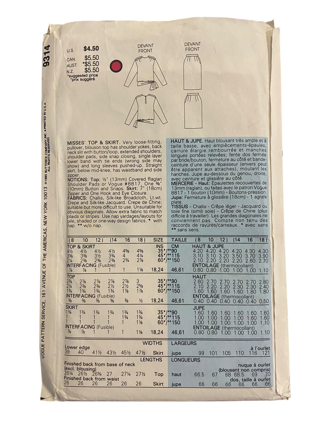 Vogue 9314 vintage 1980s top and skirt sewing pattern. Bust 31.5, 32.5, 34 inches