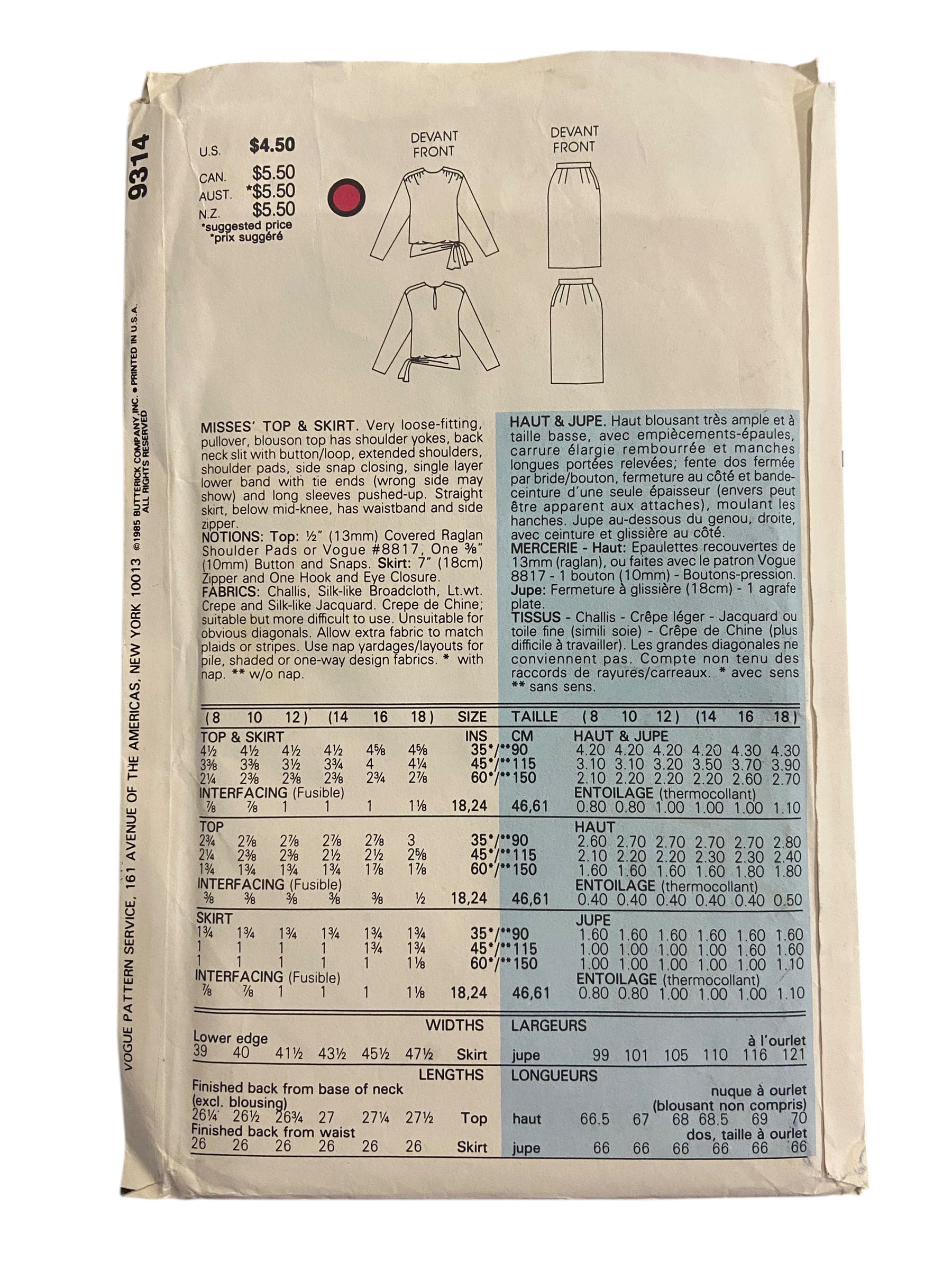 Vogue 9314 vintage 1980s top and skirt sewing pattern. Bust 31.5, 32.5, 34 inches