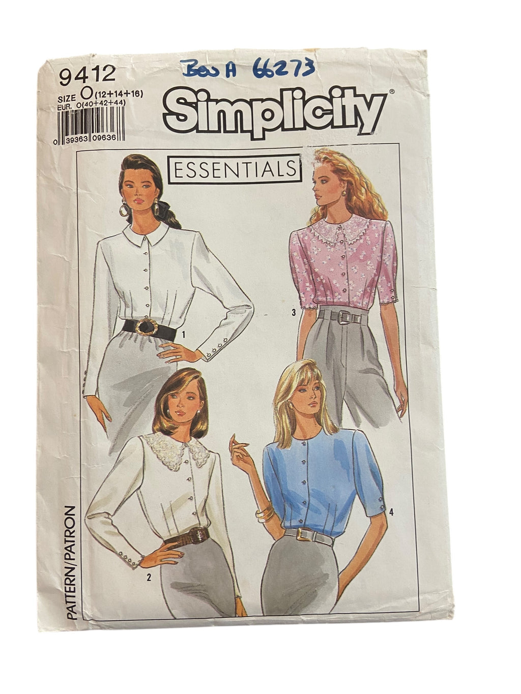 Simplicity 9412 vintage 1980s blouse sewing pattern. Bust 34, 36, 38 inches