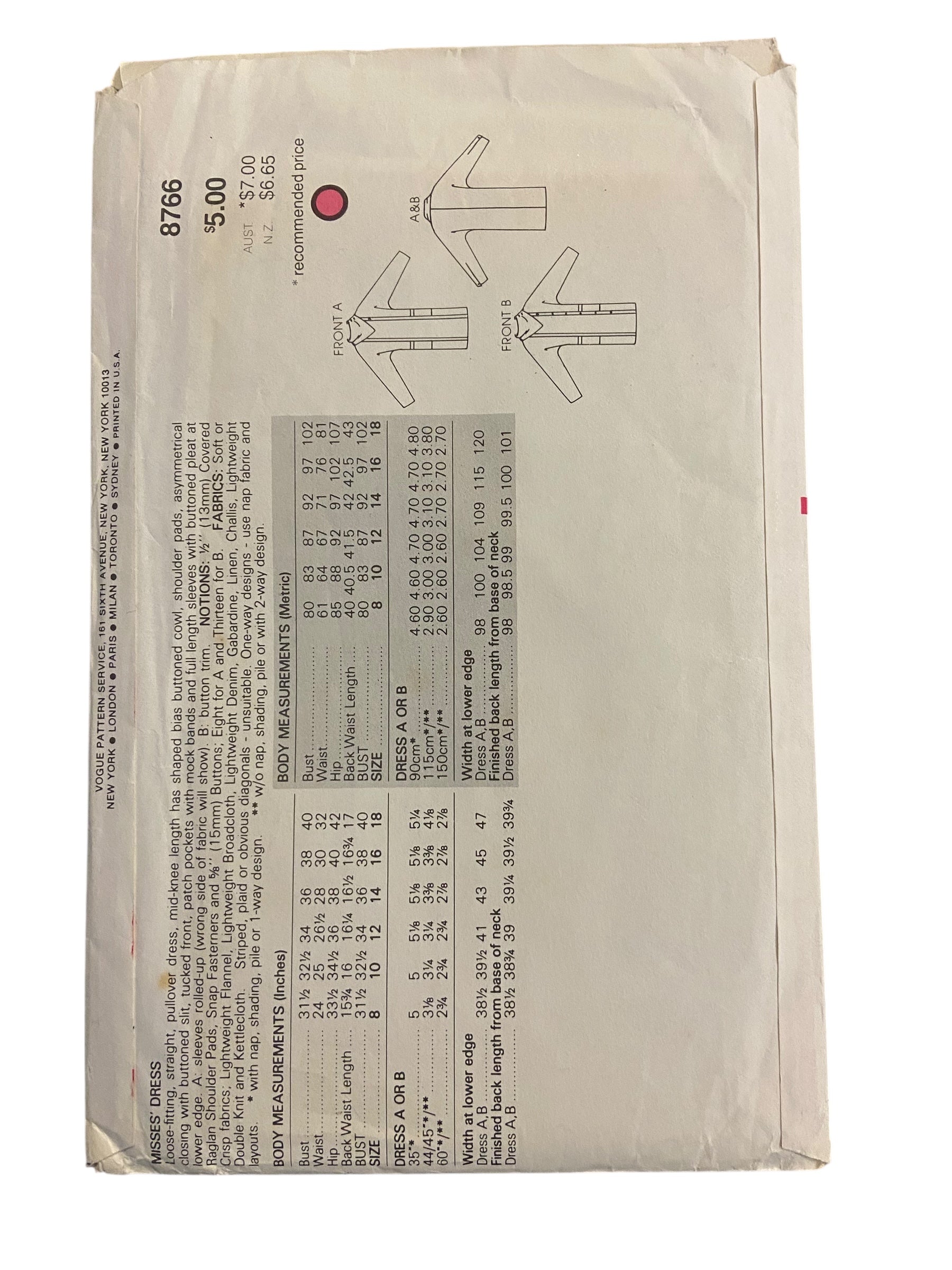 Vogue 8766 vintage 1980s dress sewing pattern. Bust 32.5 inches