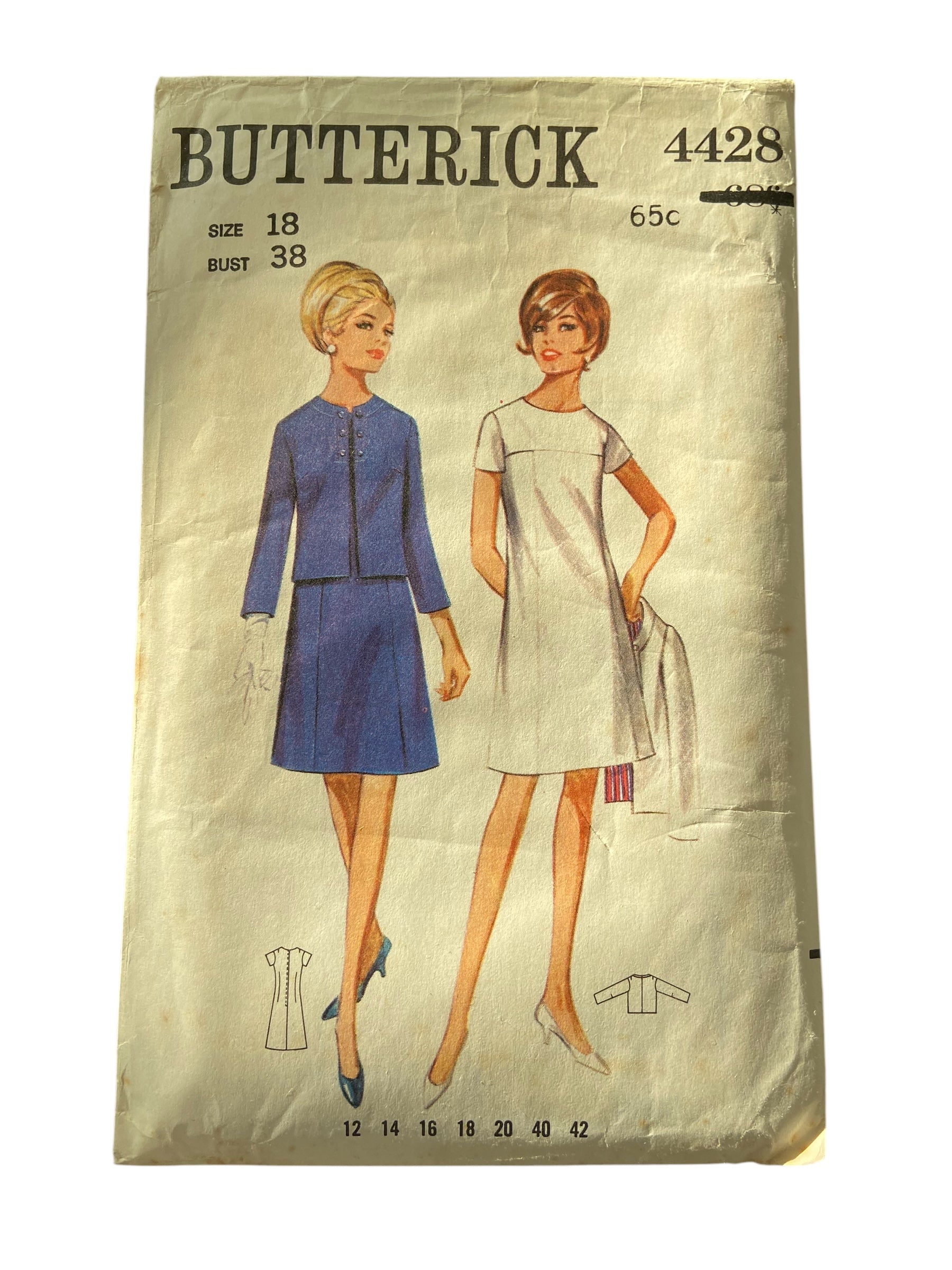 Butterick 4428 vintage 1960s dress and jacket sewing pattern Bust 38 inches