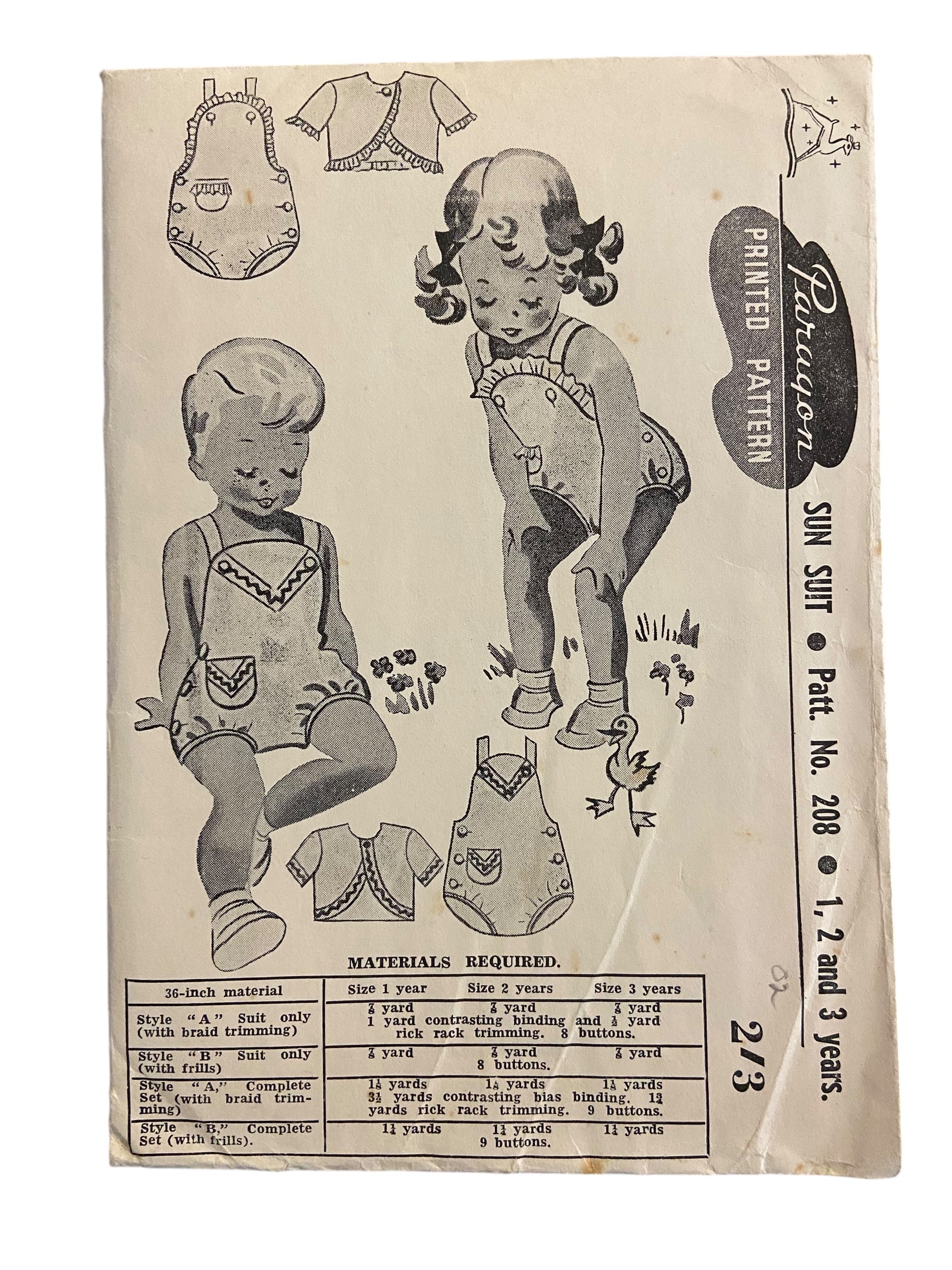 Paragon No. 208 vintage 1940's sewing pattern child’s romper suit and jacket. Size 1, 2 and 3 years.