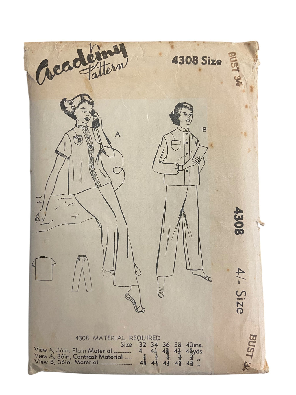 Academy 4308 vintage 1950s pajamas sewing pattern 34 inch bust.