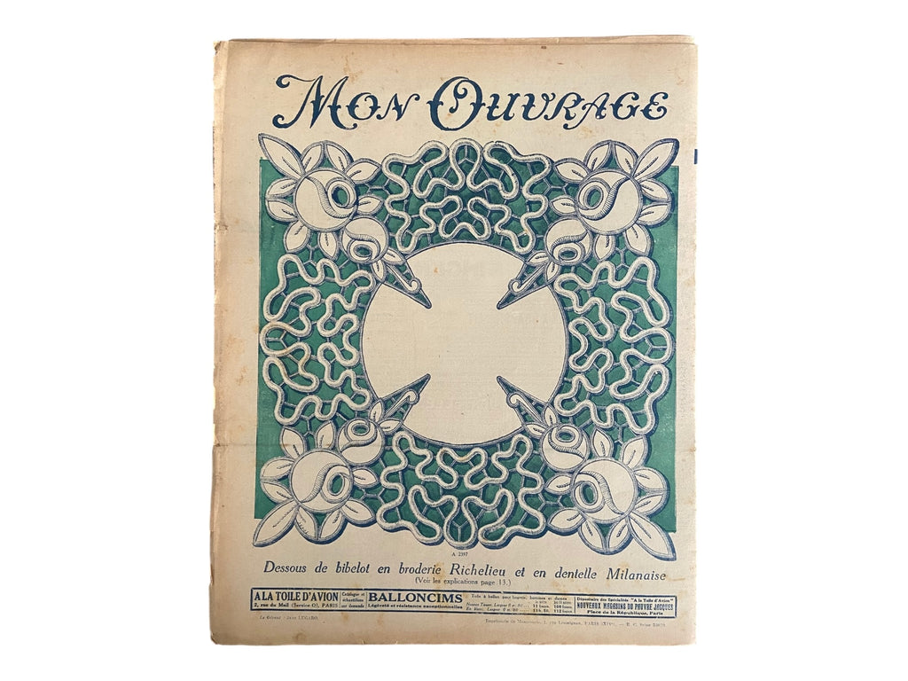 Mon Ouvrage 1 Octobre 1930 vintage French craft magazine with knitting pattern for the fluffy house jacket on the cover