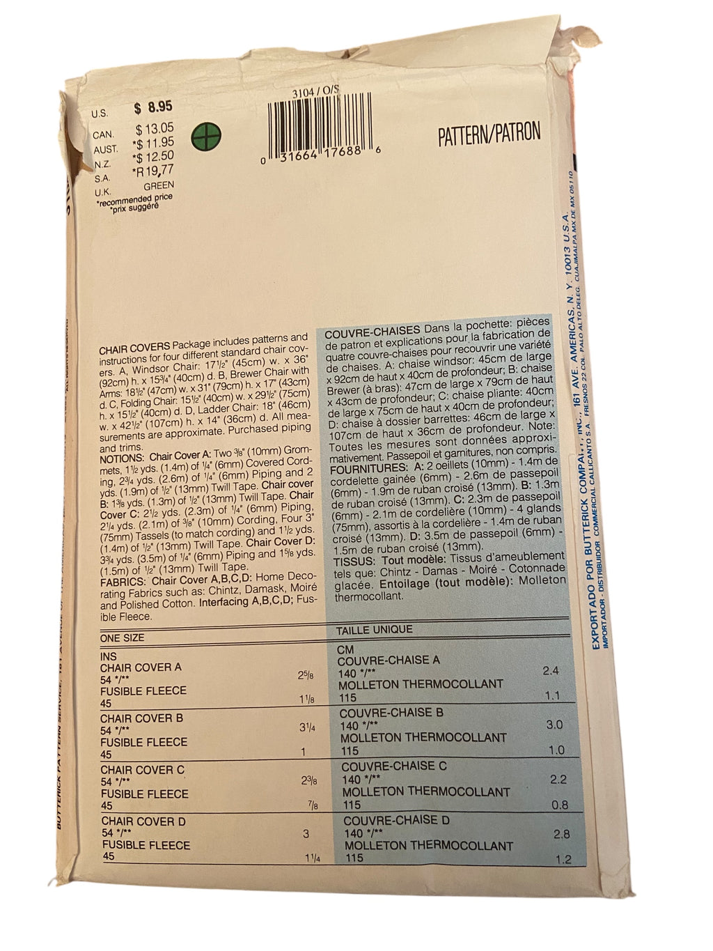 Butterick Home Decorating 3104 vintage 1990s chair covers craft pattern