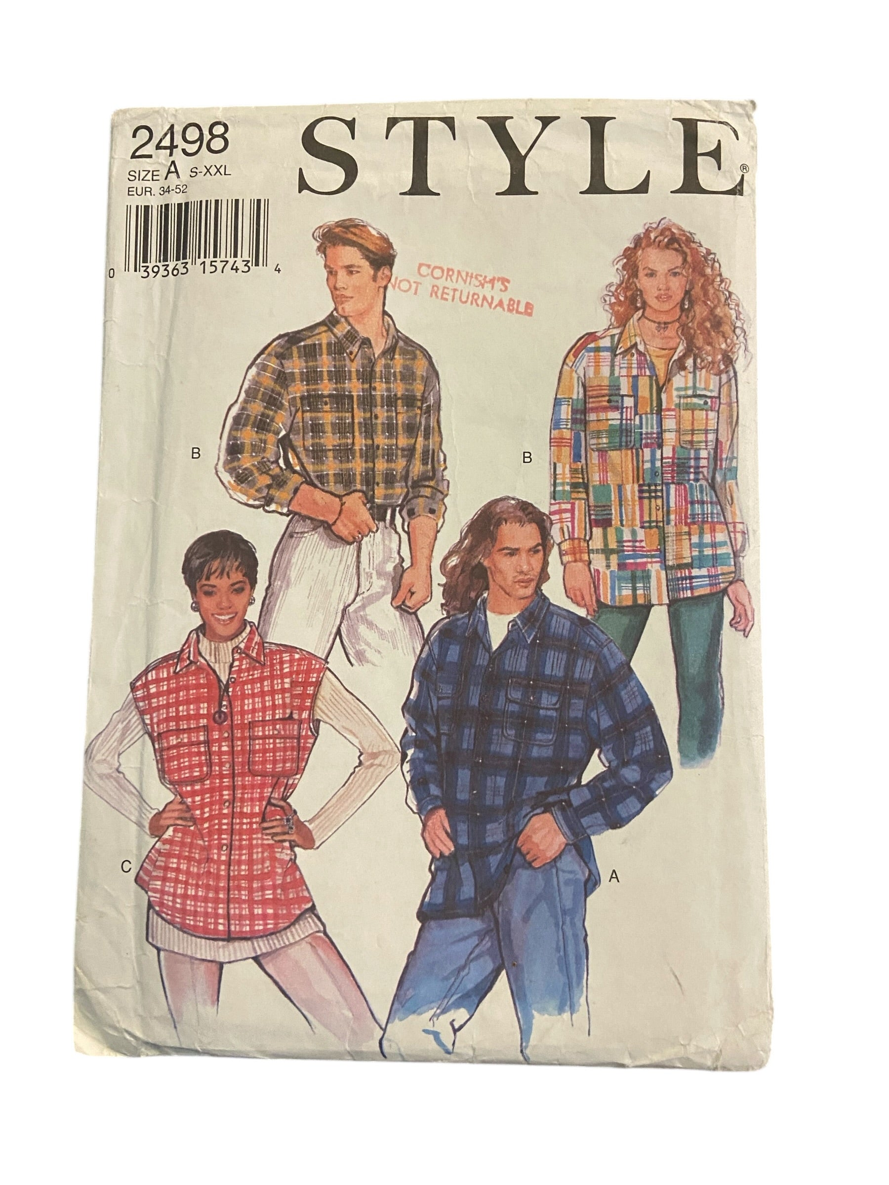 Style 2498 vintage 1990s women’s or men's  shirt sewing pattern. Sizes small to extra extra large