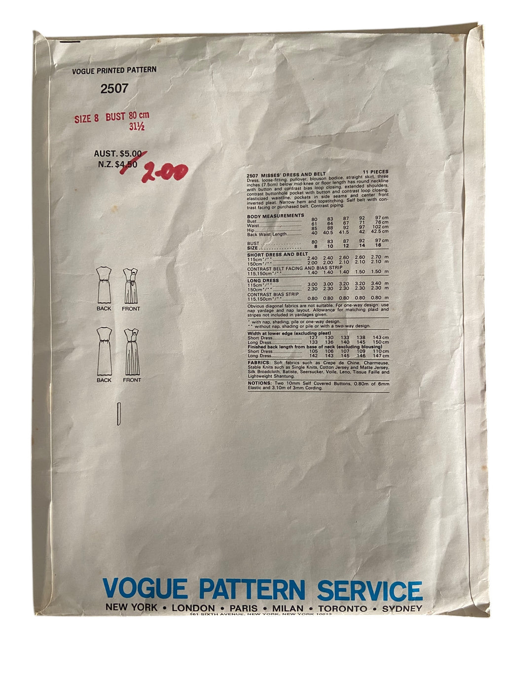 Vogue 2507 vintage 1980s designer Diane Von Furstenberg dress and belt sewing pattern Bust 31.5 inches