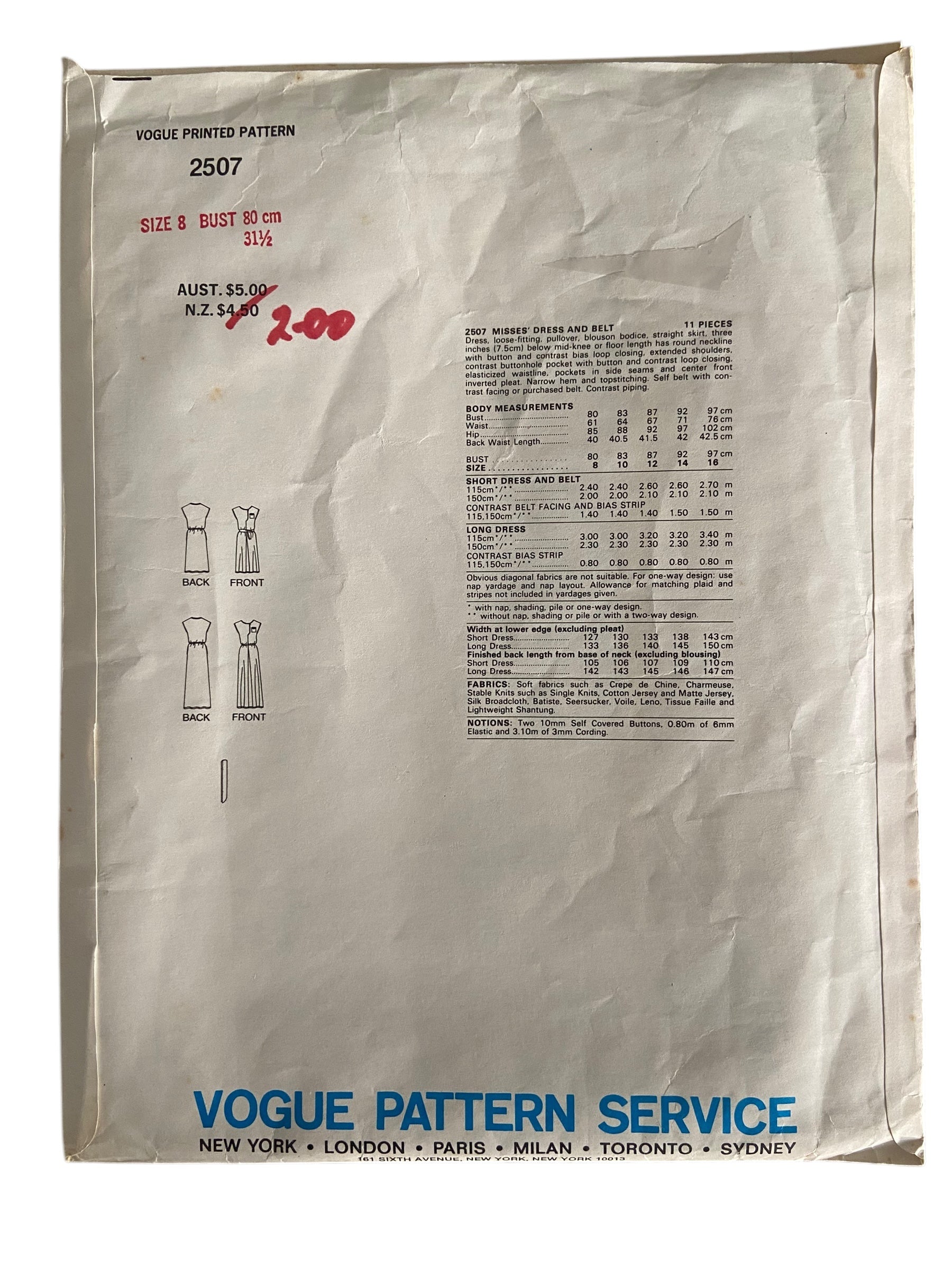 Vogue 2507 vintage 1980s designer Diane Von Furstenberg dress and belt sewing pattern Bust 31.5 inches