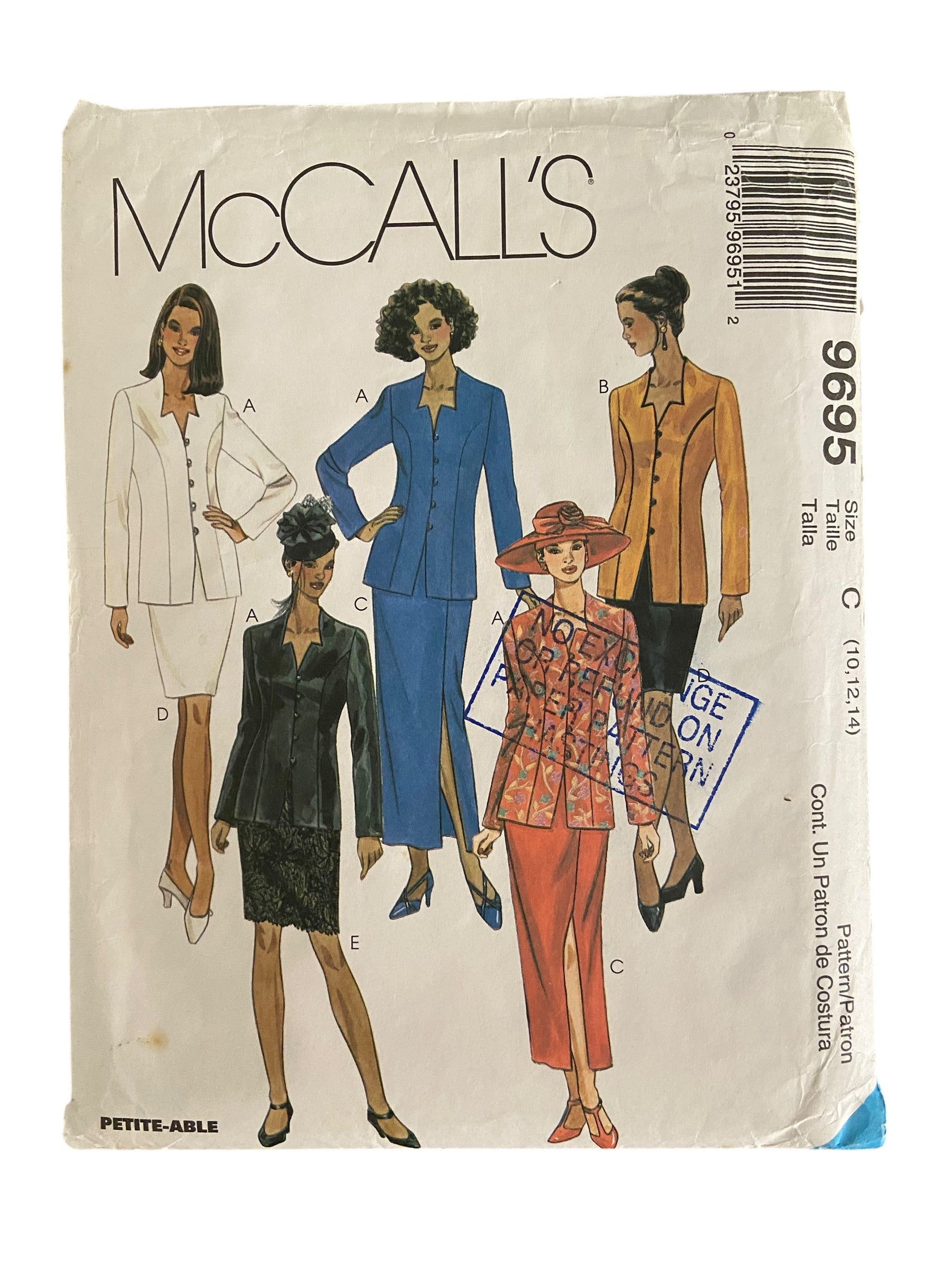 McCall’s 9695 vintage 1990s jacket and skirt sewing pattern. Bust 32.5, 34, 36 inches