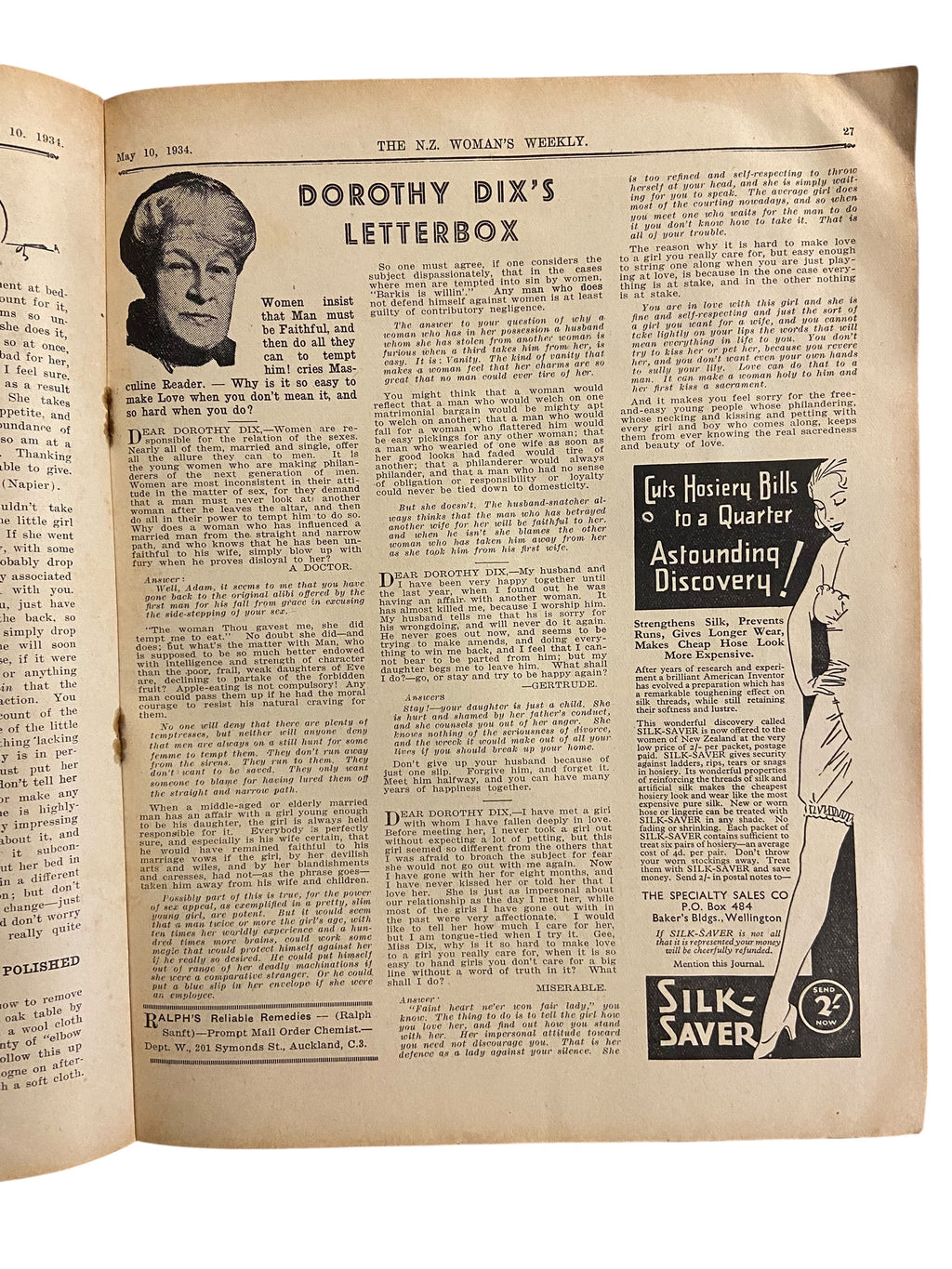 New Zealand Woman’s Weekly  May 10 1934 with a sewing pattern, unused, factory folded, attractive underslip bust 34 inches