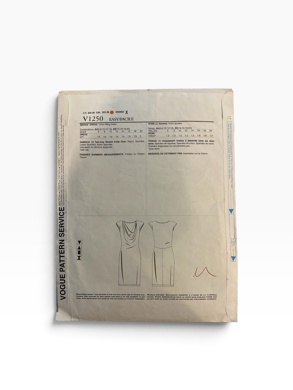 Vogue v1250  DKNY stretch dress sewing pattern from the 2000s Bust 30.5, 31.5, 32.5, 34, 36 inches