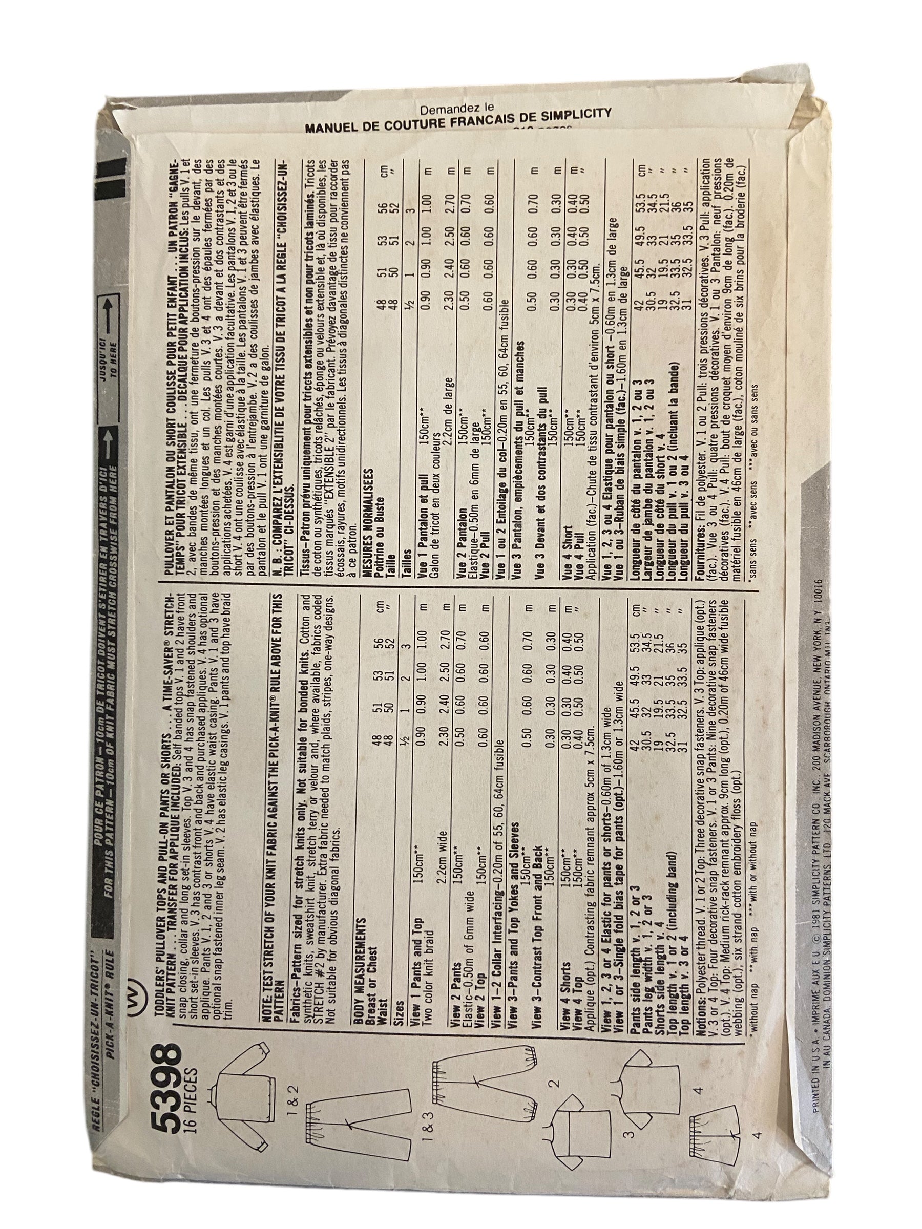 Simplicity 5398 vintage 1970s toddler’s STRETCH top, pants or shorts sewing pattern size for 1, 2 and 3 year olds