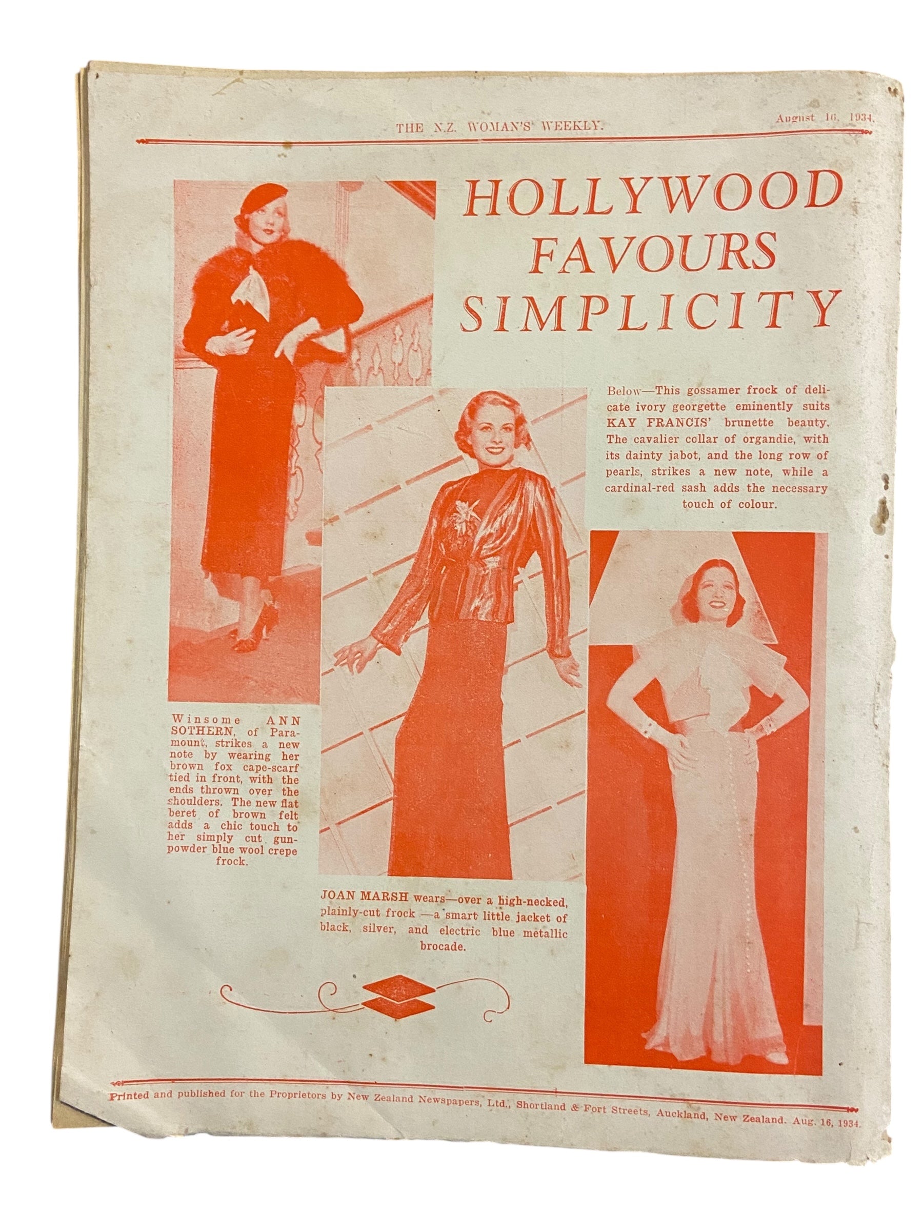 New Zealand Woman’s Weekly August 16 1934 with a sewing pattern, unused, factory folded, ladies frock (attractive frock for the matron), bust 36 inches