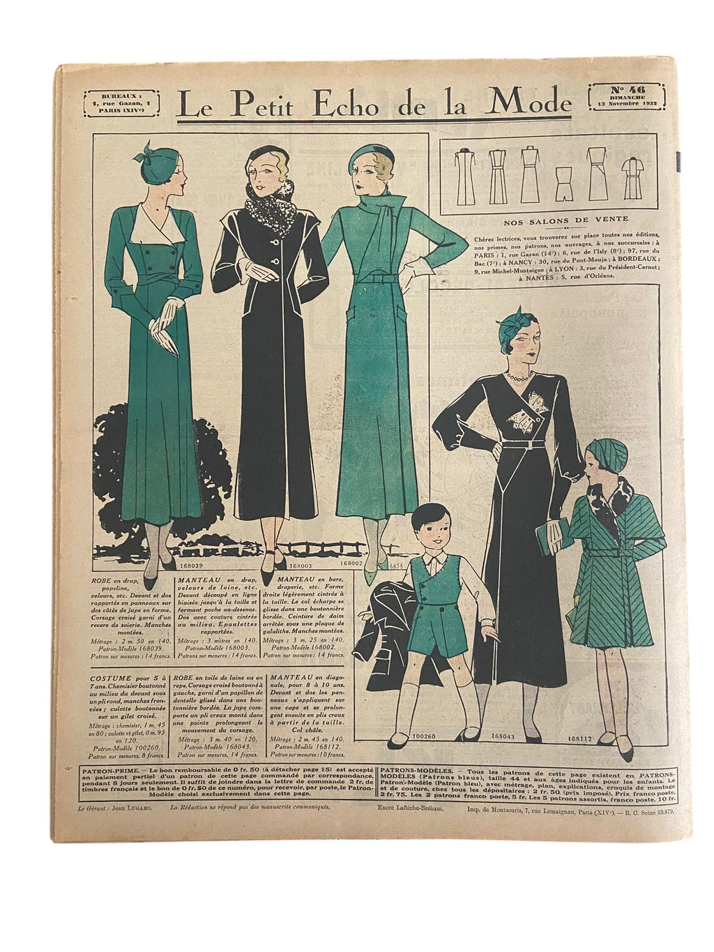 Le Petit Echo de la Mode 13 November 1932 French women’s magazine with many fashion illustrations