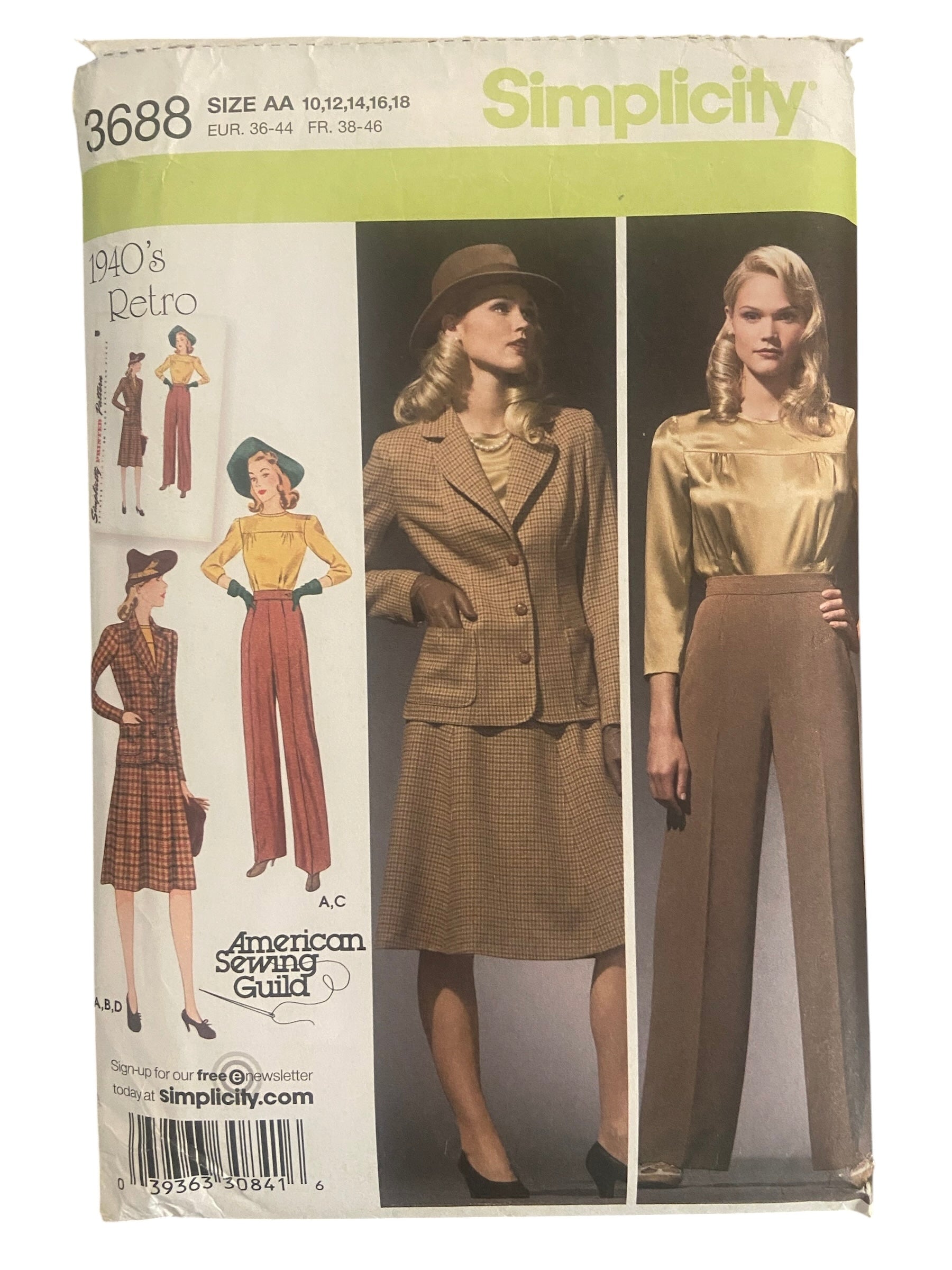 Simplicity 3688 reissued vintage 1940s blouse, skirt, pants and lined jacket sewing pattern Bust 32.5, 34, 36, 38, 40 inches