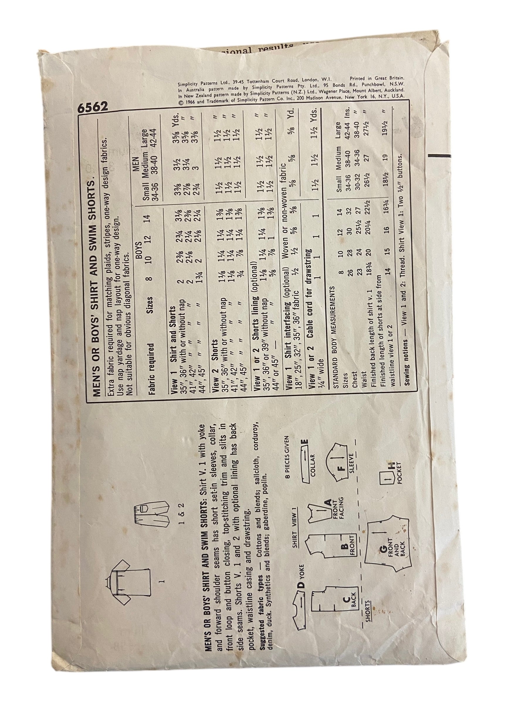 Simplicity 6562 vintage 1950s men's shirt and swim shorts sewing pattern. Chest 38-40 inches.