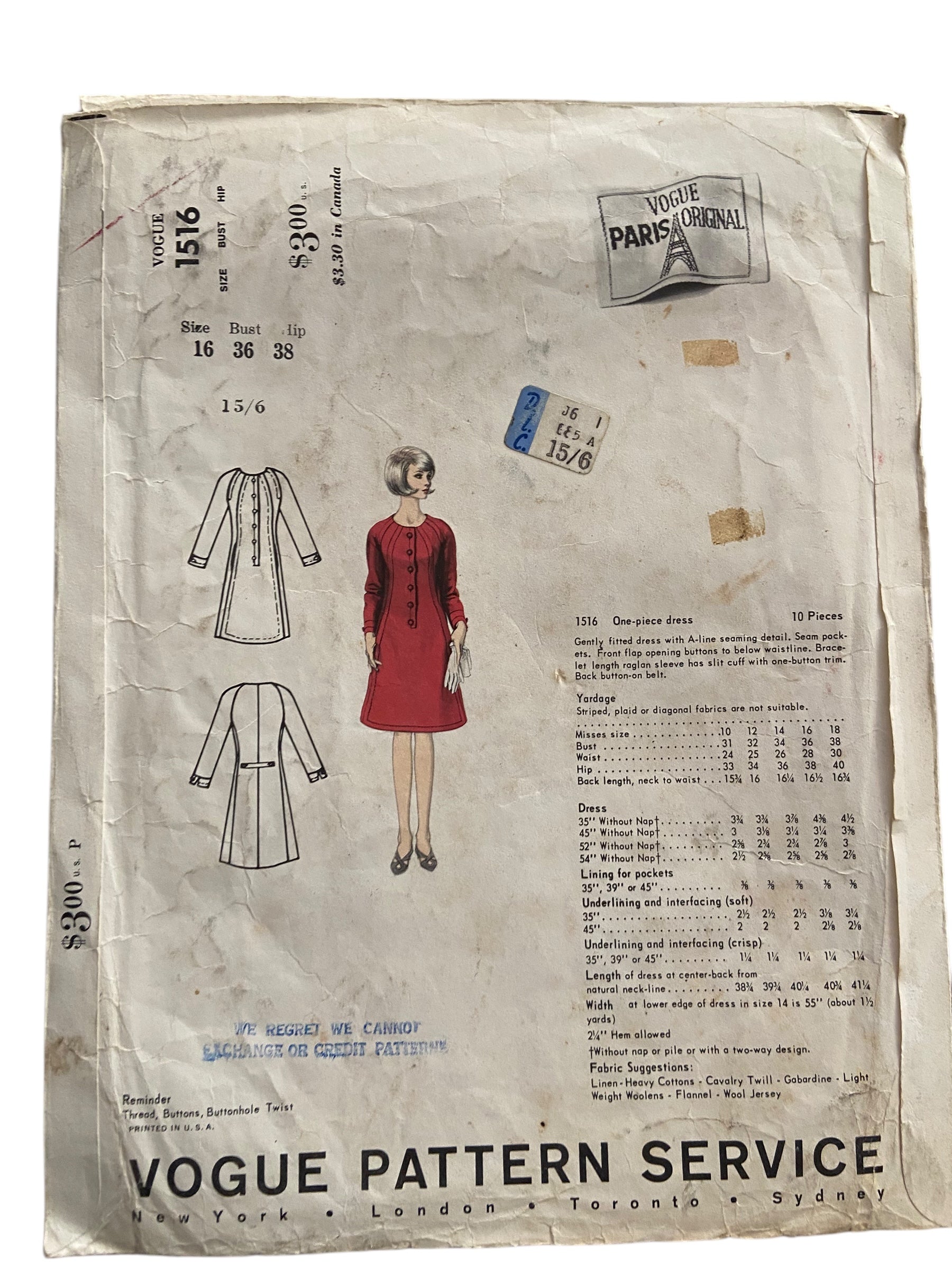 Vintage 1960s Vogue 1516 Paris Original Jean Patou dress sewing pattern Bust 36 inches