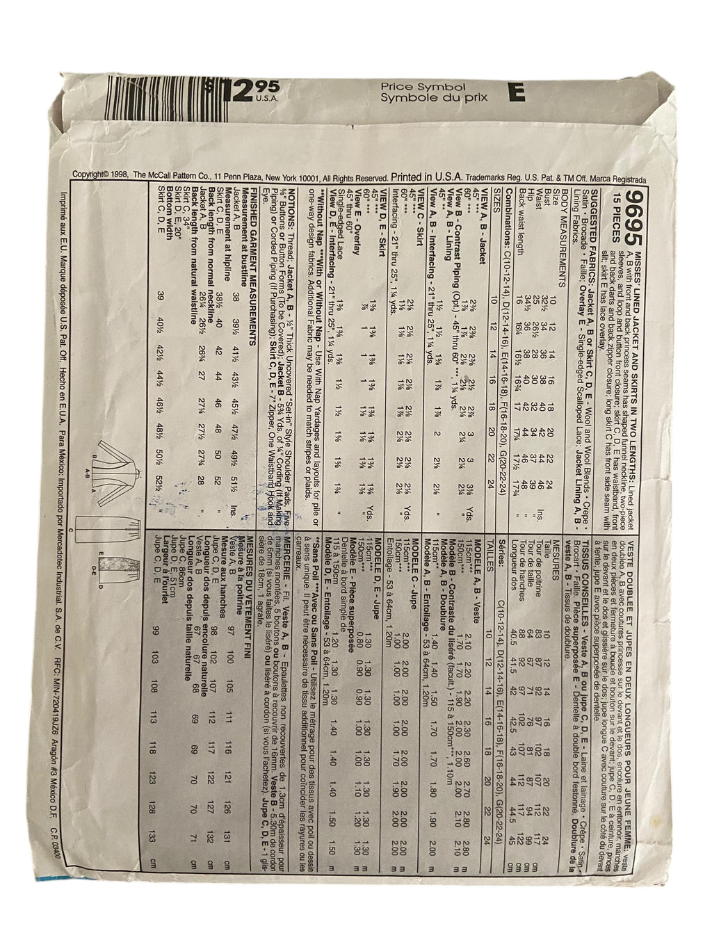 McCall’s 9695 vintage 1990s jacket and skirt sewing pattern. Bust 32.5, 34, 36 inches
