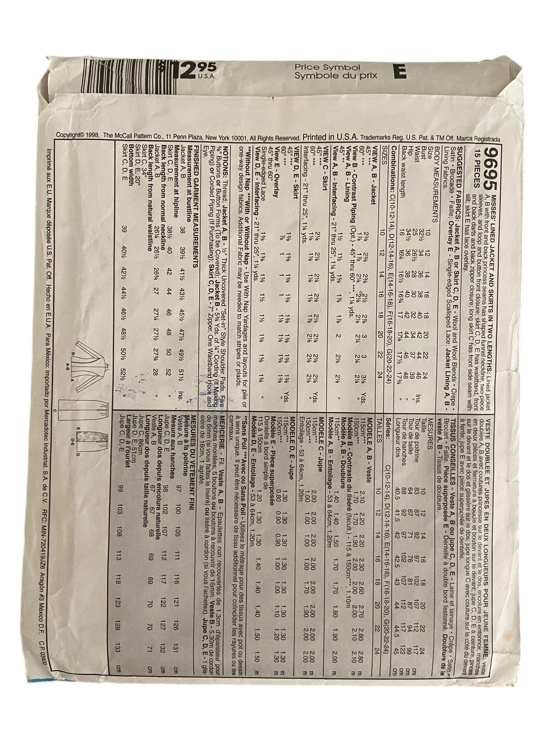 McCall’s 9695 vintage 1990s jacket and skirt sewing pattern. Bust 32.5, 34, 36 inches