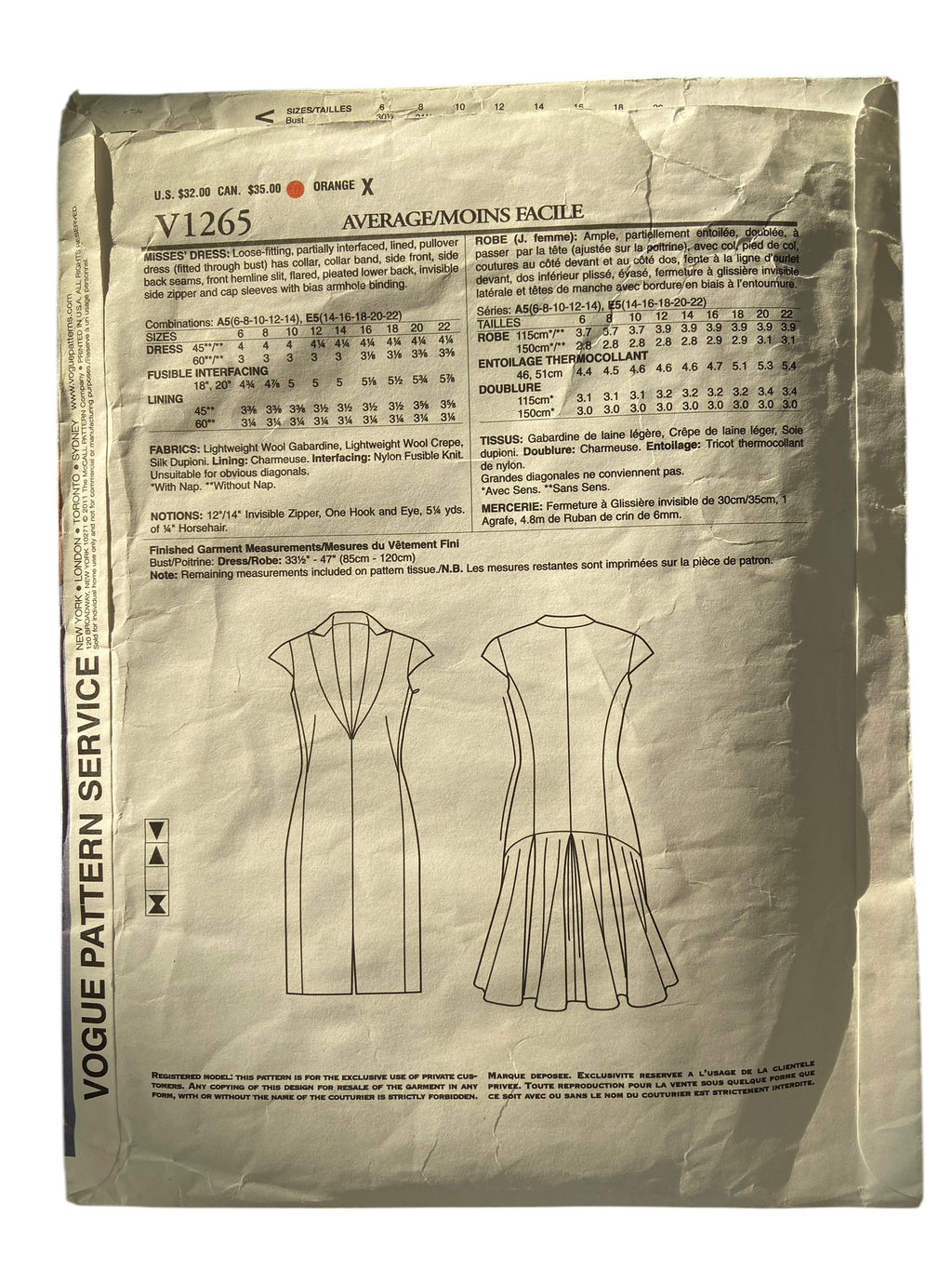 Vogue American Designer pamella roland v1265 vintage 2000s dress sewing pattern Bust 31.5, 32.5, 34, 36 inches