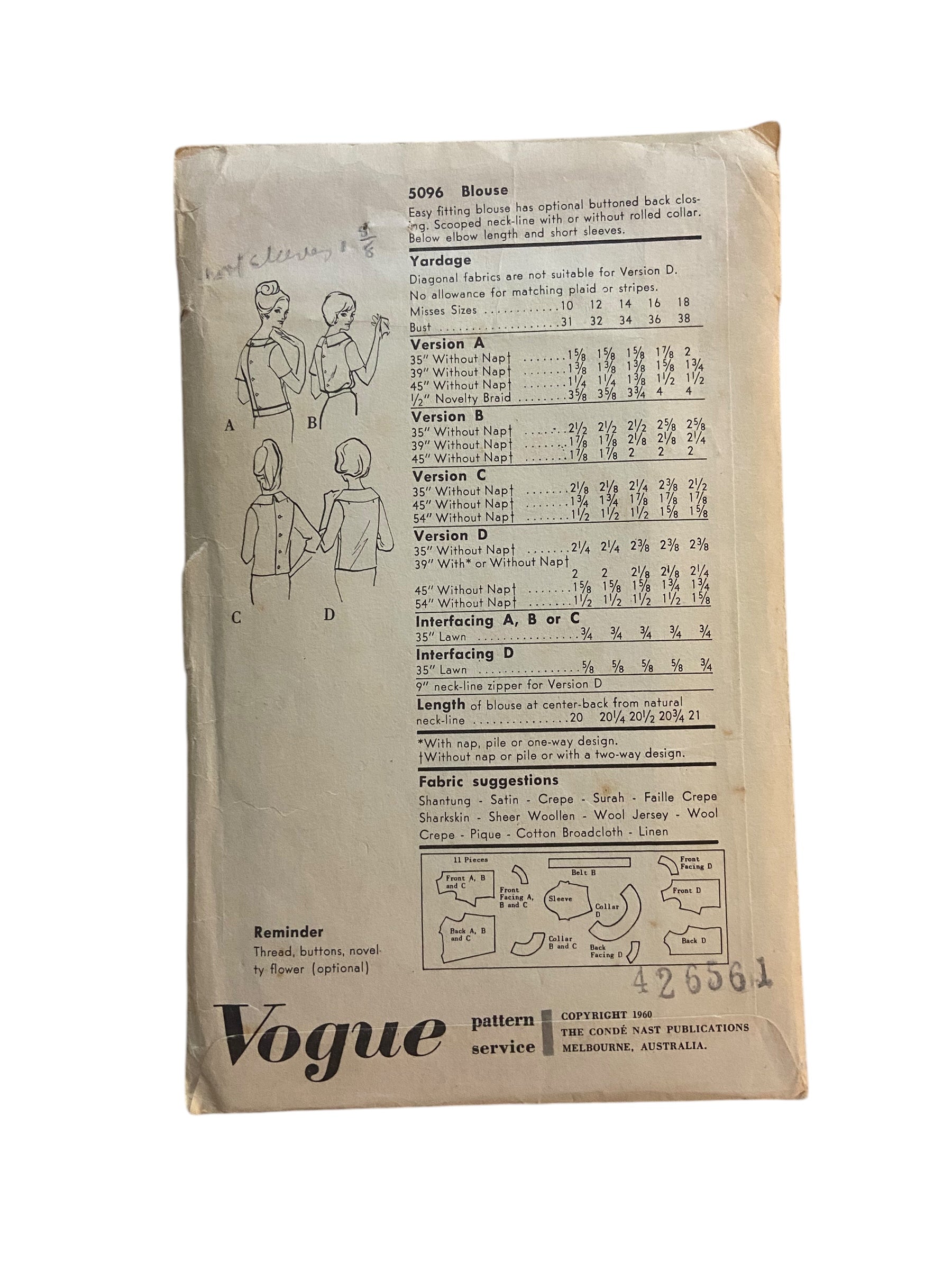 Vogue 5096 vintage 1960s blouse pattern. Bust 36 inches