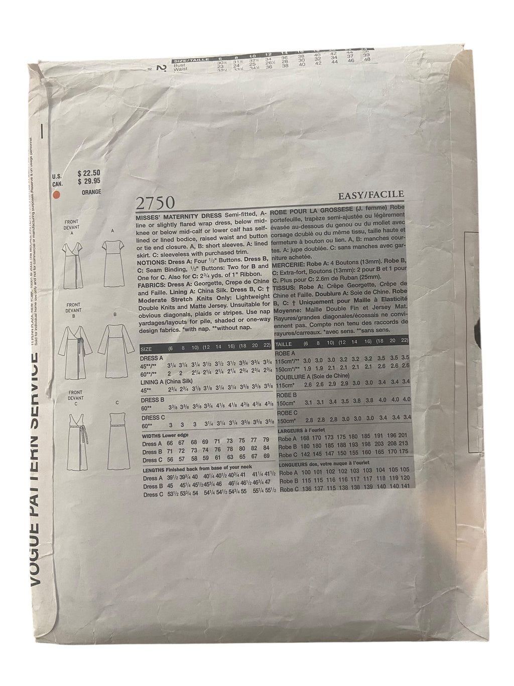 Vogue 2750 Maternity Designer Lauren Sara vintage 1990s maternity dresses sewing pattern Bust 34, 36, 38 inches