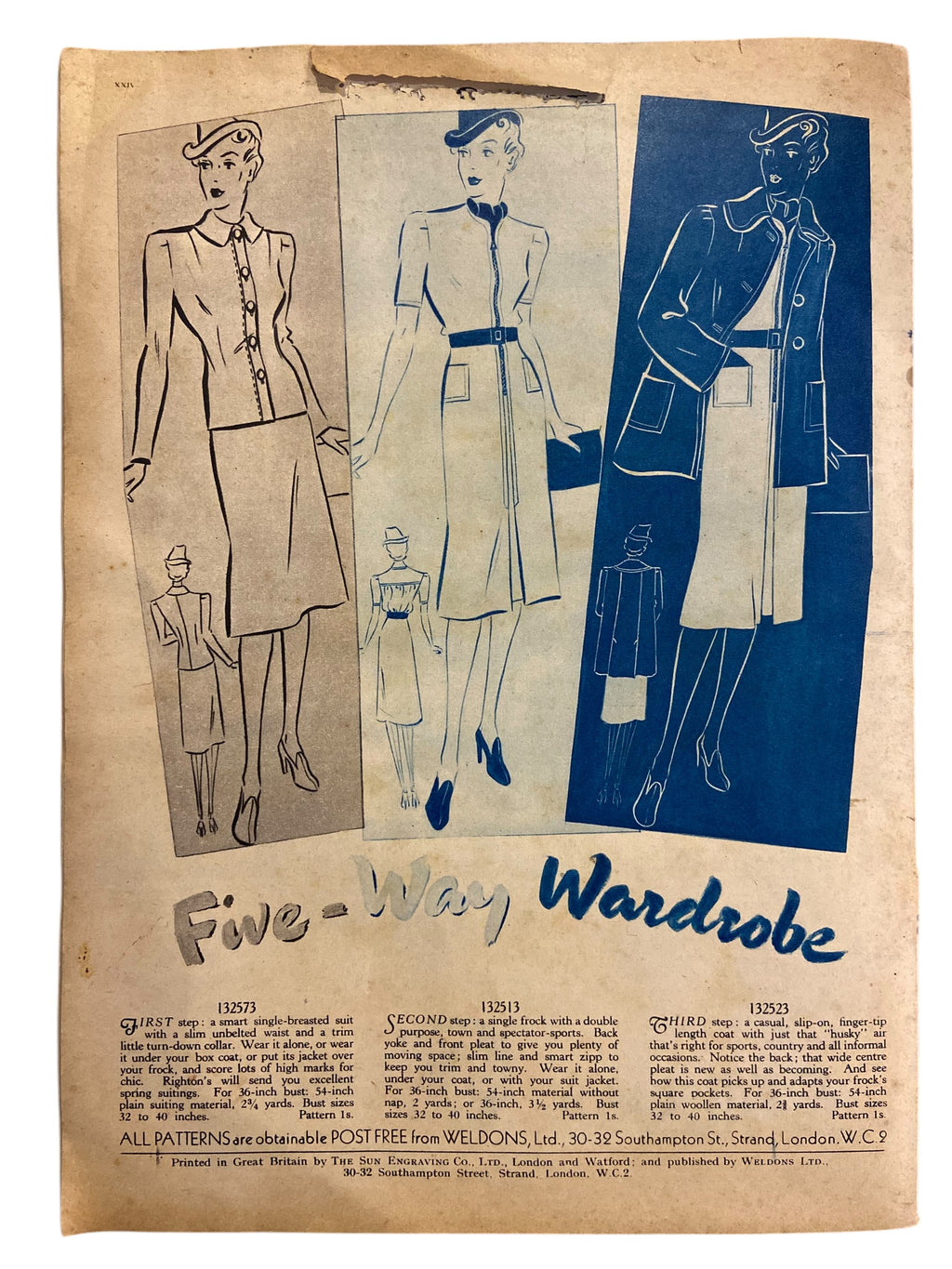 Weldon’s Ladies’ Journal No. 717 Portfolio of Fashions circa 1930s with two sewing patterns, unused, factory folded spring suit and day frock. Bust 36 inches.