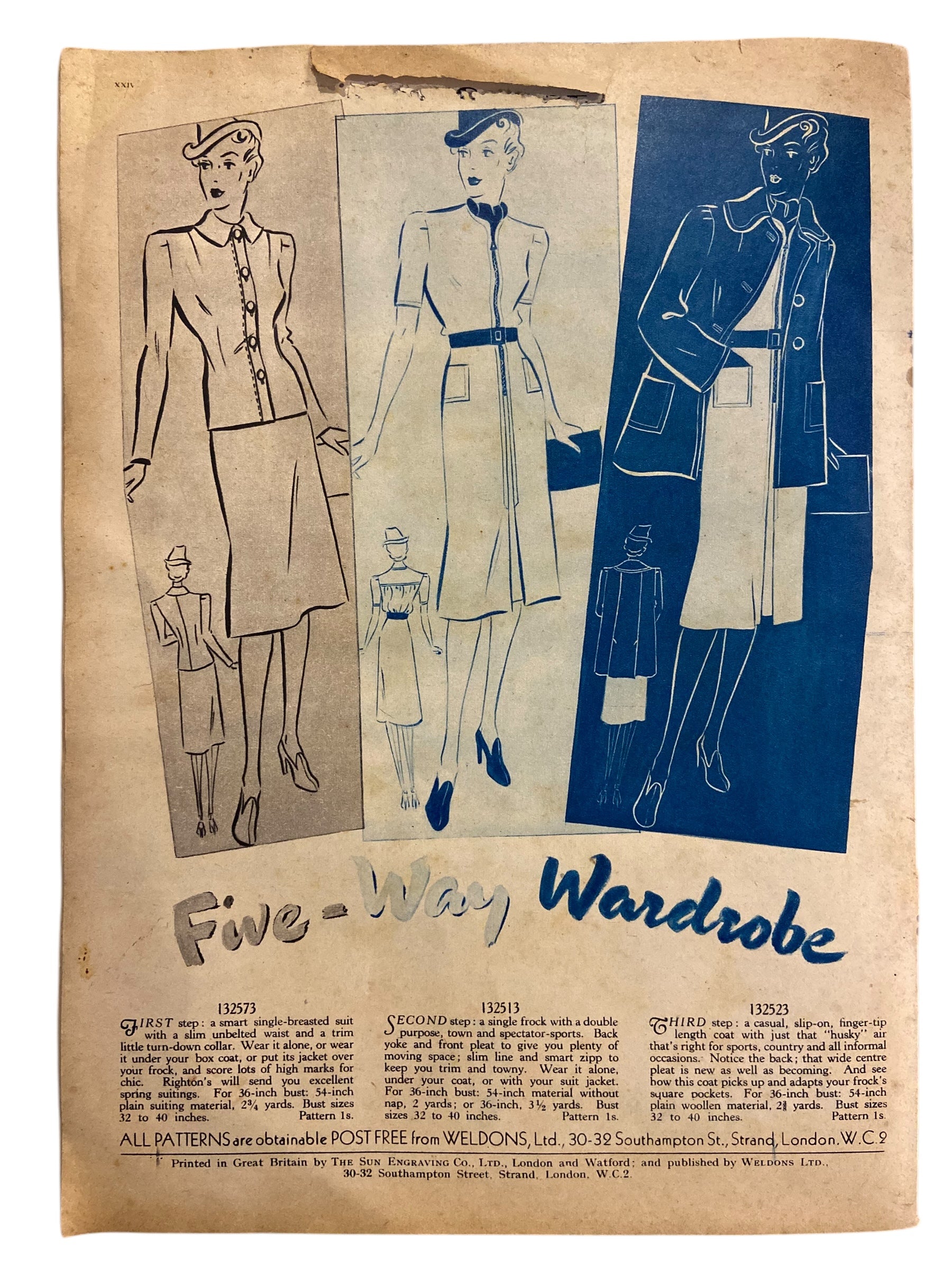 Weldon’s Ladies’ Journal No. 717 Portfolio of Fashions circa 1930s with two sewing patterns, unused, factory folded spring suit and day frock. Bust 36 inches.
