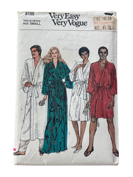 Vogue 8155 vintage 1980s unisex robe sewing pattern Chest 34-36 inches