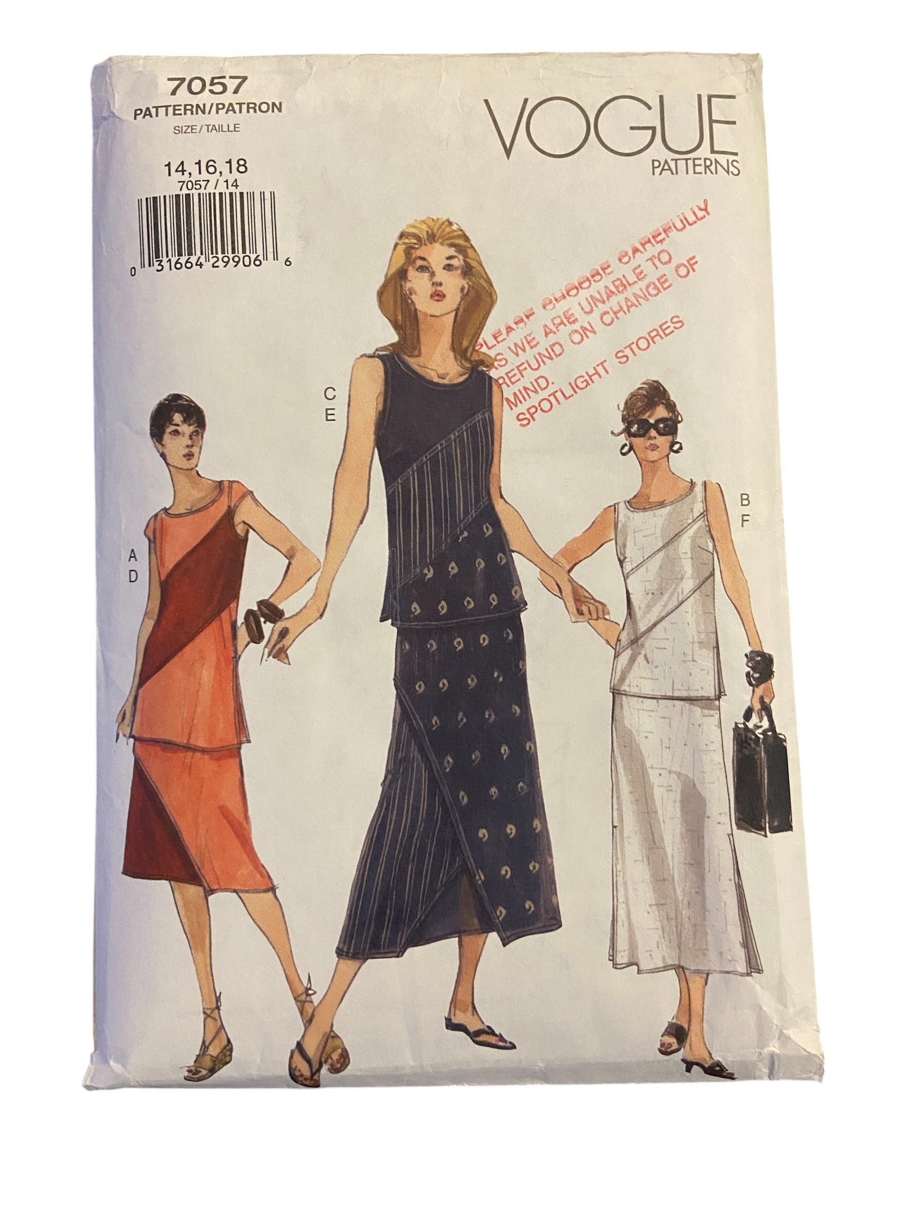 Vogue 7057 vintage 1990s dress sewing pattern. Bust 36, 38, 40 inches