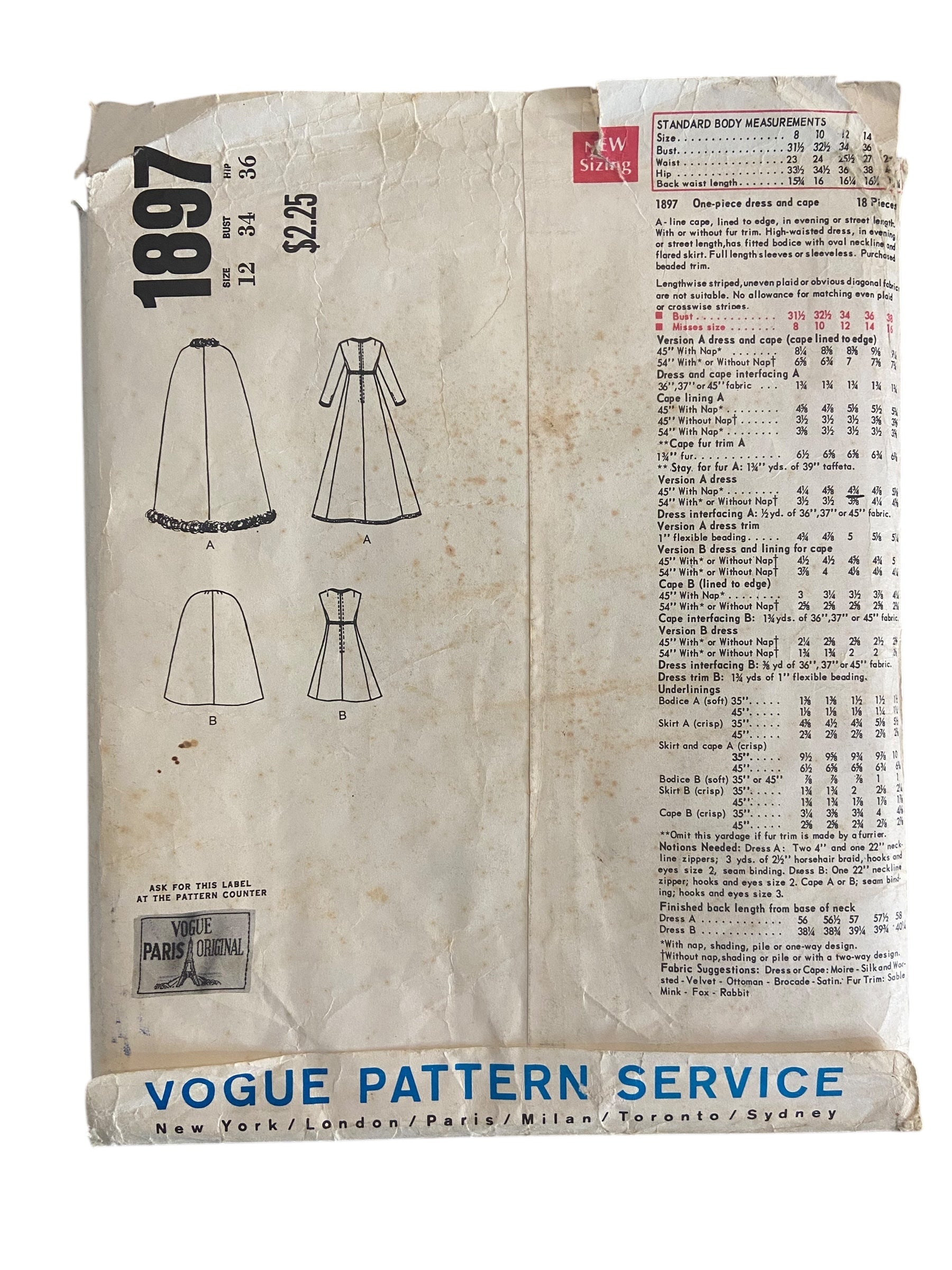 Vogue Paris Original 1897 vintage 1960s Yves Saint Laurent dress and coat sewing pattern Bust 34 inches