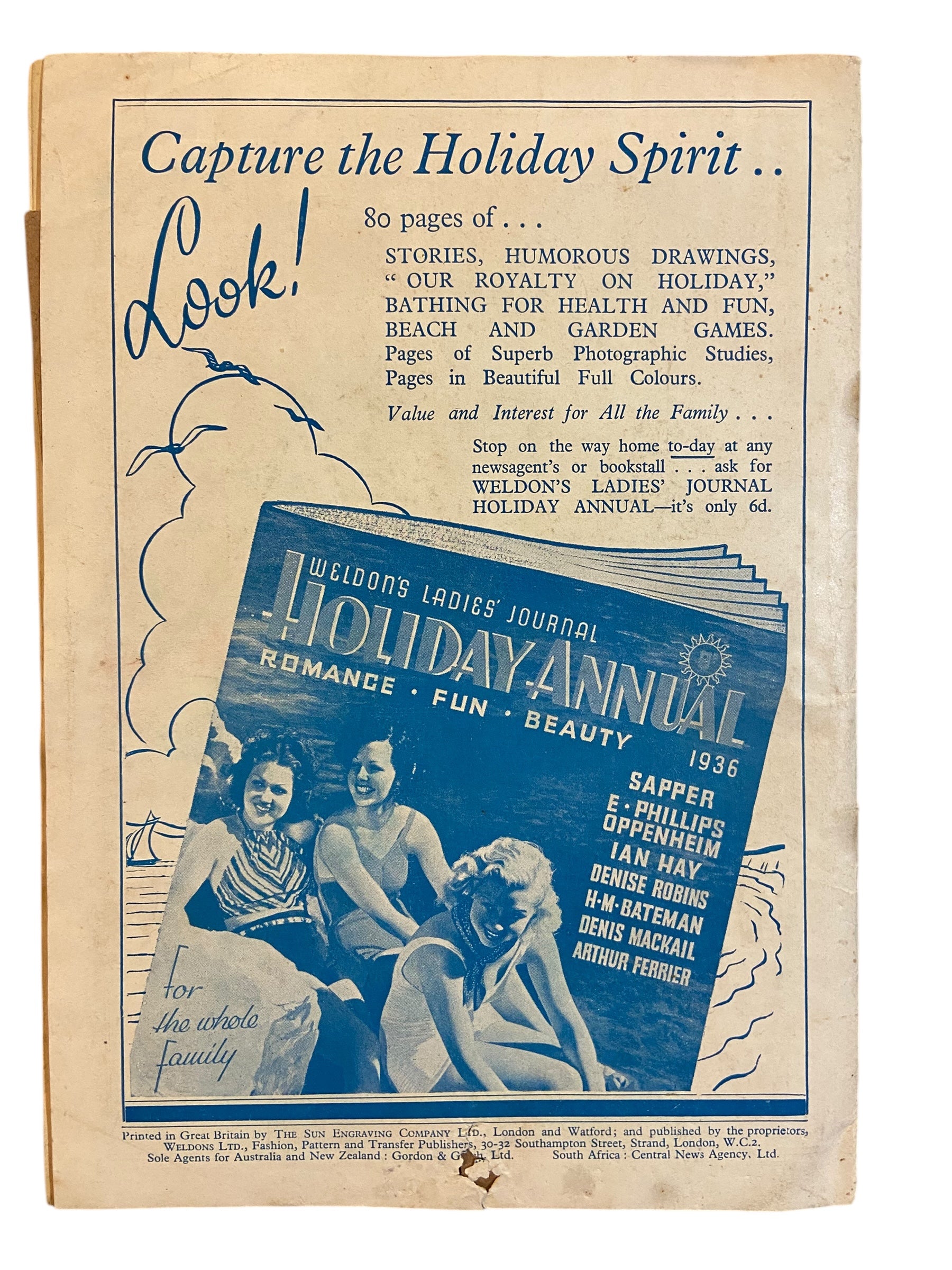 Weldon’s Holiday Fashions catalogue No. 138 circa 1930s with three sewing patterns, unused, factory folded dress with puff sleeves, dress with buttoned yoke, coat and skirt. Bust 36 inches. Transfers included.