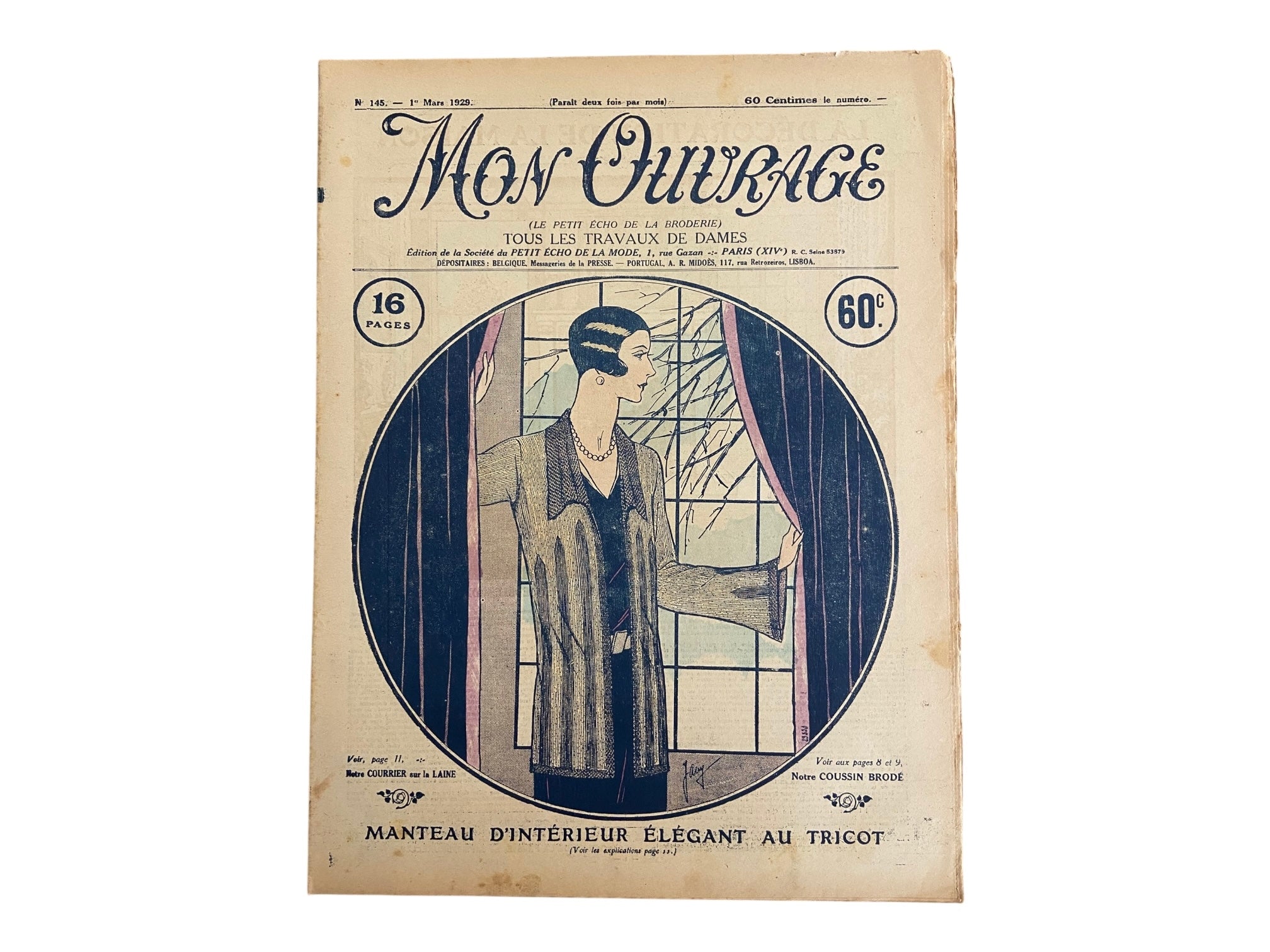 Mon Ouvrage 1 Mars 1929 vintage French craft magazine with knitting pattern for the jacket on the cover