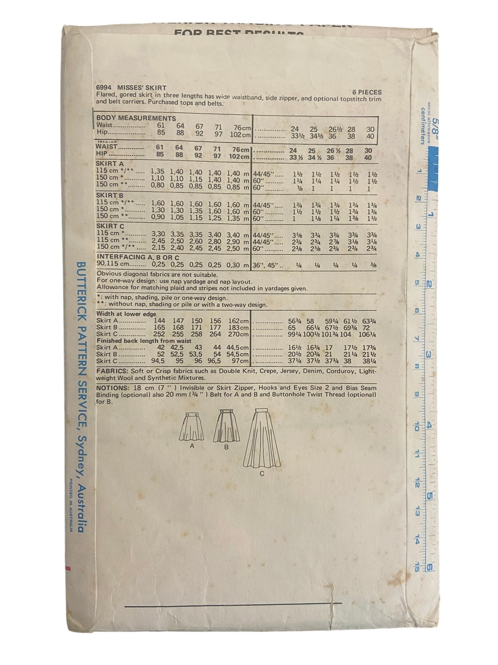 Butterick 6994 vintage 1970s skirt sewing pattern. Waist 26.5 inches.