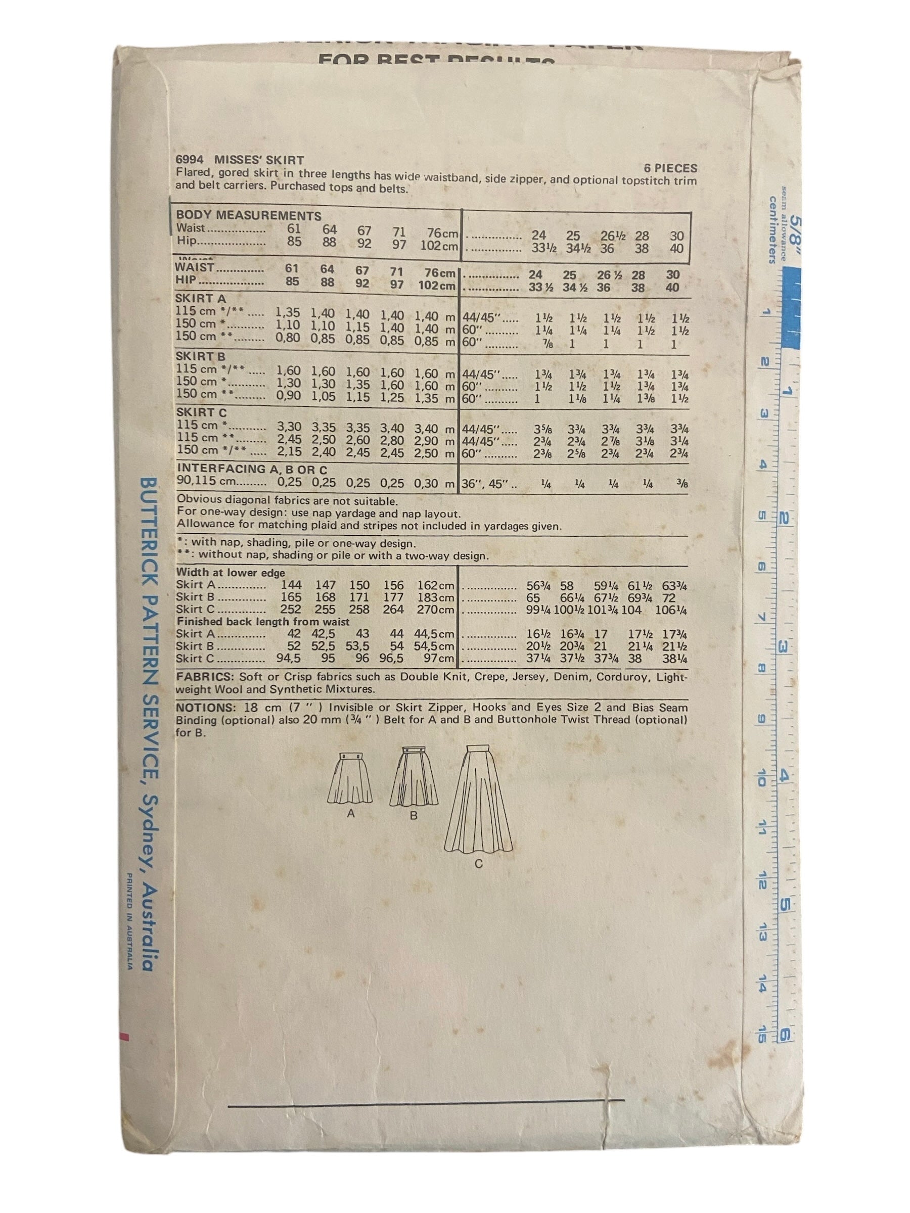 Butterick 6994 vintage 1970s skirt sewing pattern. Waist 26.5 inches.