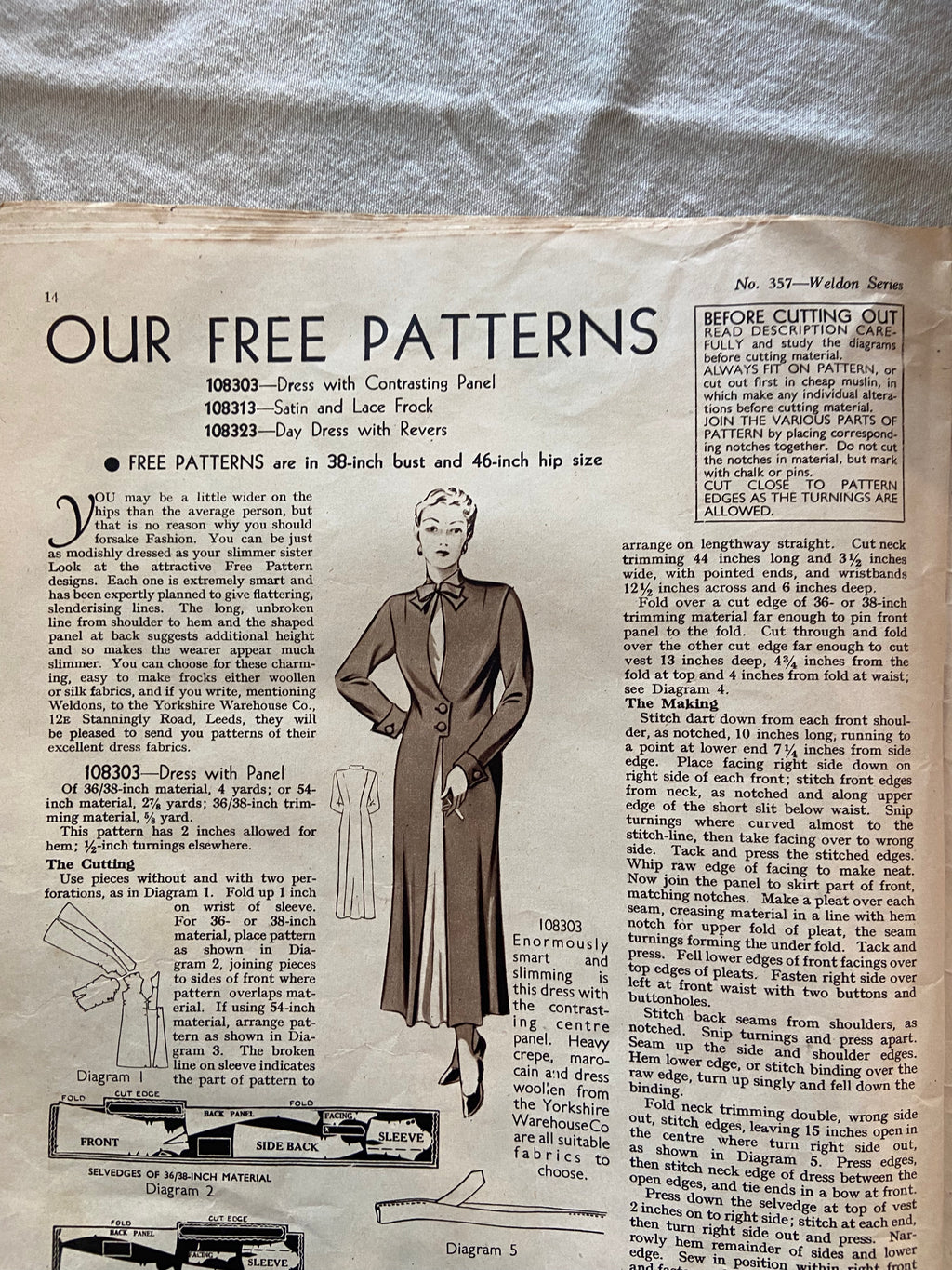 Weldon’s Smart Fashions for Wider Hips catalogue Series No. 357 circa 1930s with three sewing patterns, unused, factory folded dress with contrasting panel, satin and lace frock, day dress with revers. Bust 38 inches.