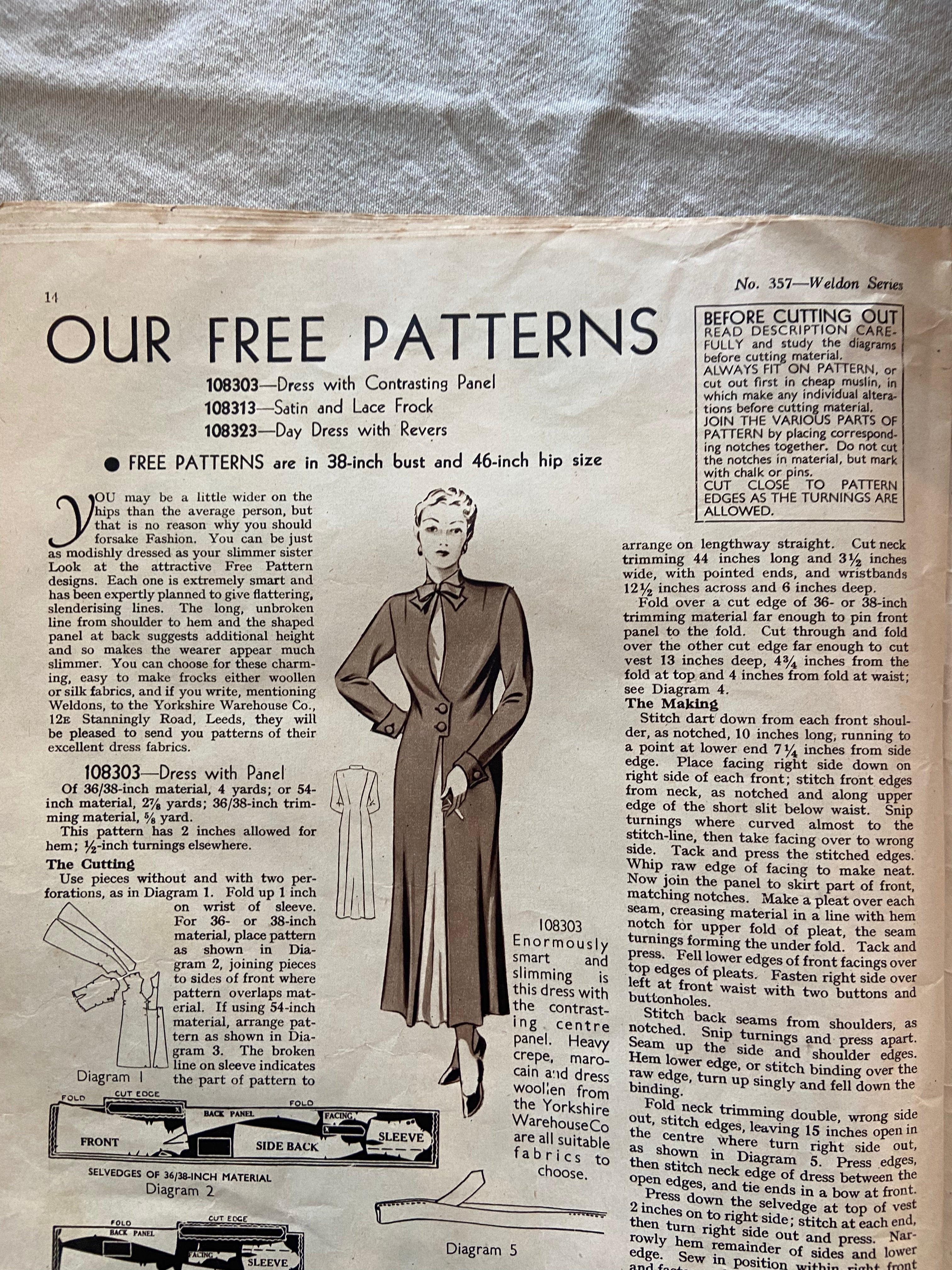 Weldon’s Smart Fashions for Wider Hips catalogue Series No. 357 circa 1930s with three sewing patterns, unused, factory folded dress with contrasting panel, satin and lace frock, day dress with revers. Bust 38 inches.