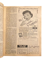Australian home journal December 1st 1952 with three sewing pattern, unused, factory folded. Two dresses and child’s sunsuit. Bust 34 inches.
