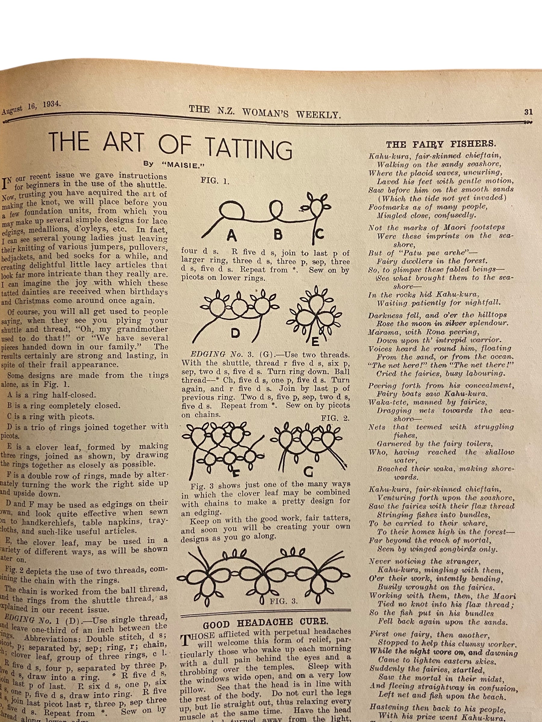 New Zealand Woman’s Weekly August 16 1934 with a sewing pattern, unused, factory folded, ladies frock (attractive frock for the matron), bust 36 inches