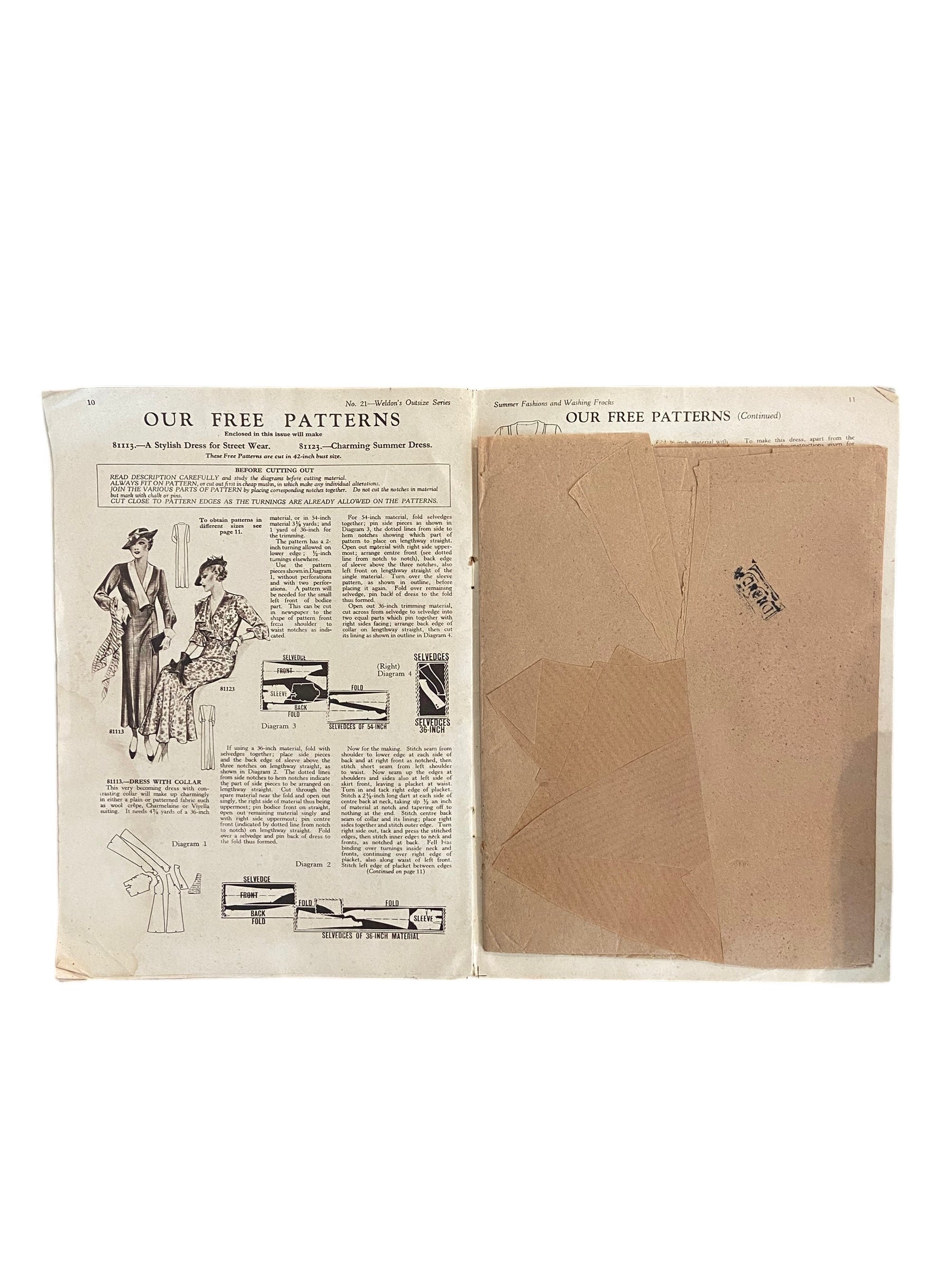 Weldon’s Summer Fashions and Washing Frocks for Outsizes catalogue Outsize Series No. 21 circa 1930s with two sewing patterns, unused, factory folded dress with collar, dress with short sleeves.Bust 42 inches.