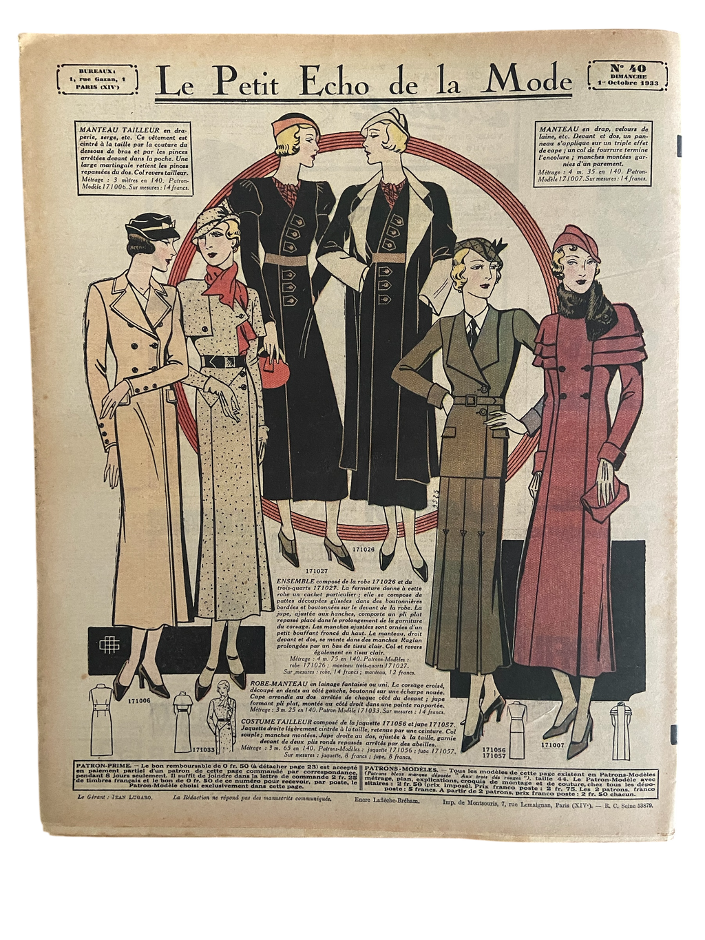 Le Petit Echo de la Mode 1 Octobre 1933 French women’s magazine with many fashion illustrations