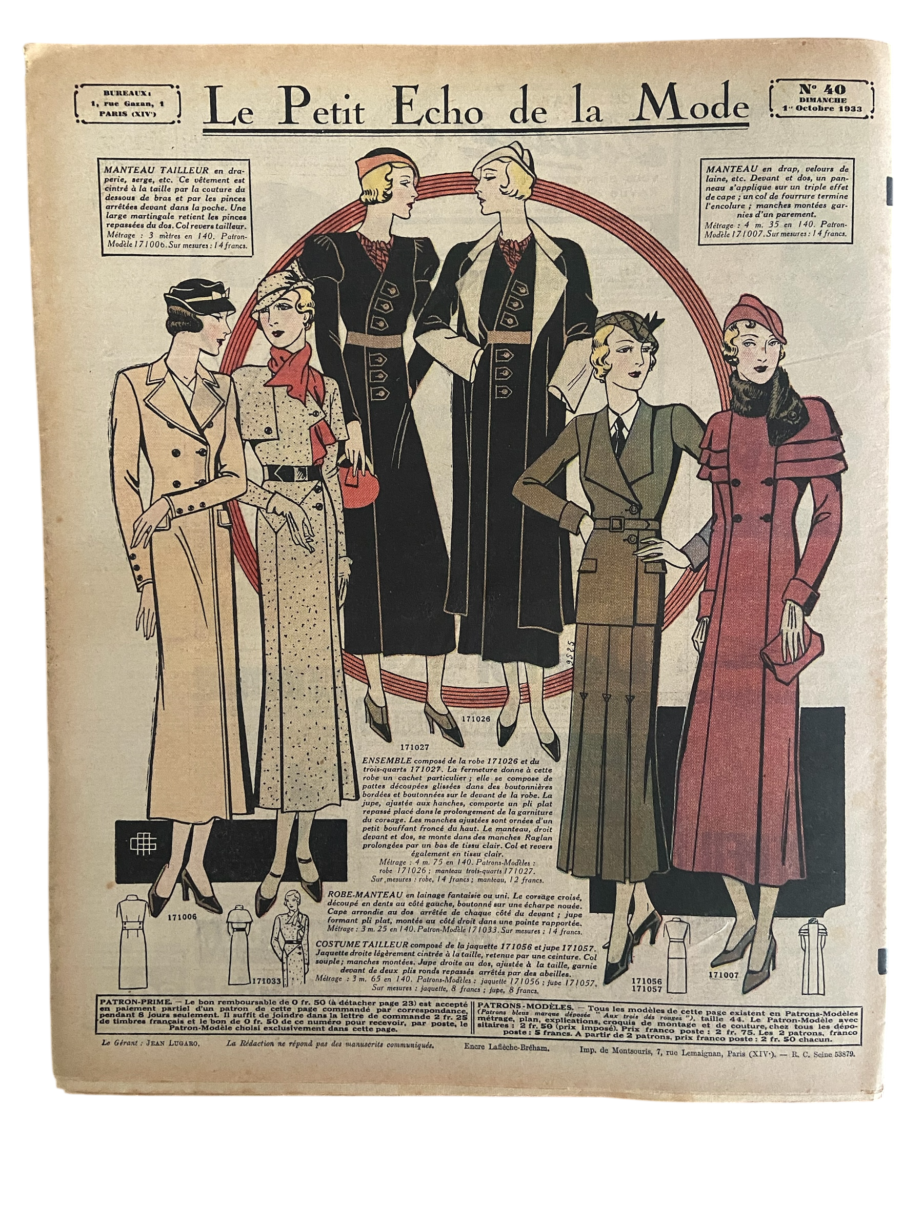 Le Petit Echo de la Mode 1 Octobre 1933 French women’s magazine with many fashion illustrations