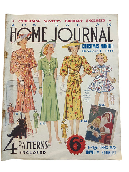 Australian home journal December 1st 1937 with four sewing patterns, unused, factory folded, three frocks bust 36 inches, child’s frock age 4 years