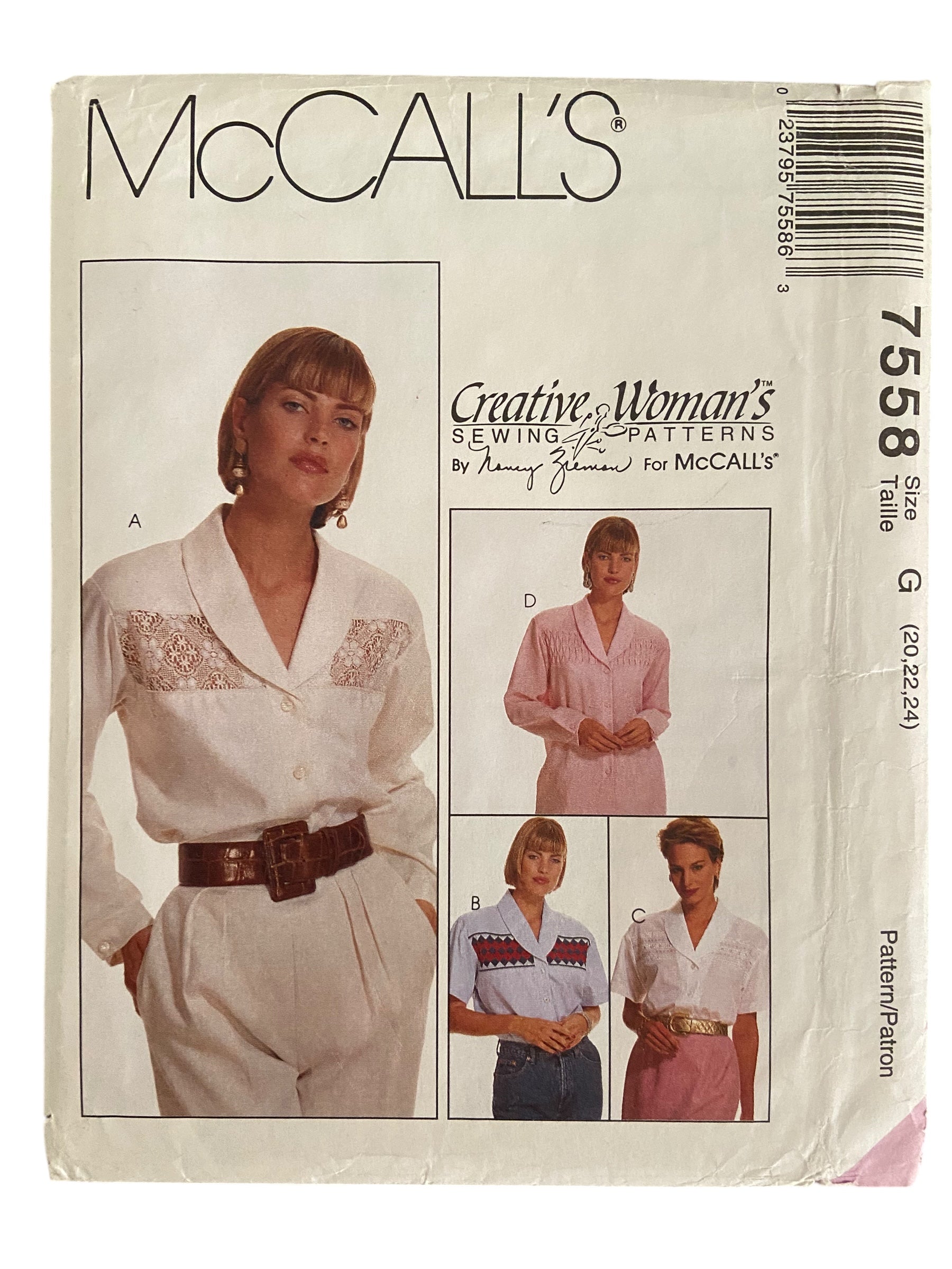 McCall's 7558 vintage 1990s Creative Woman’s shirt sewing pattern. Bust 42, 44, 46