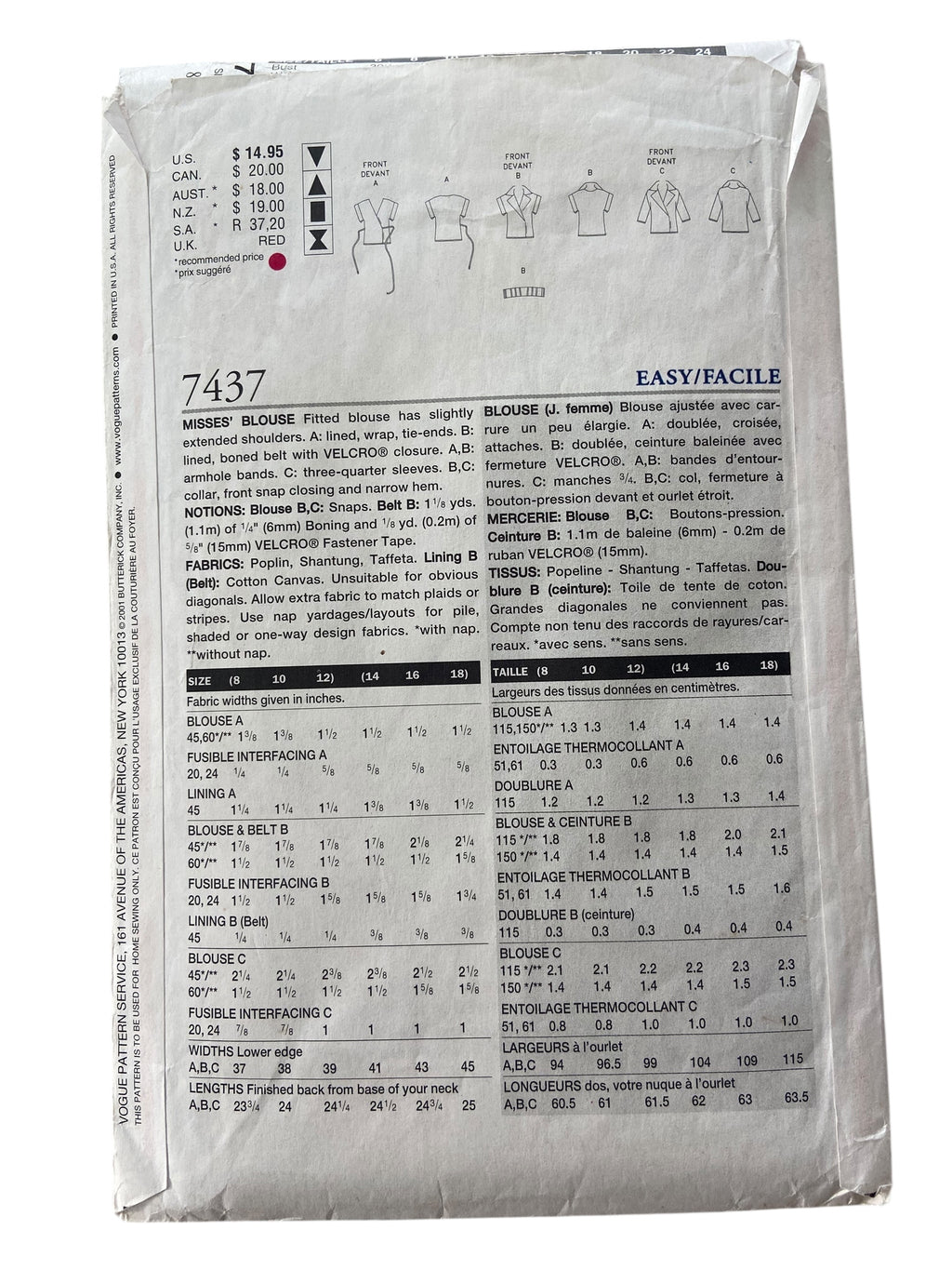 Vogue 7437 vintage 2000s top sewing pattern. Bust 31.5, 32.5, 34 inches