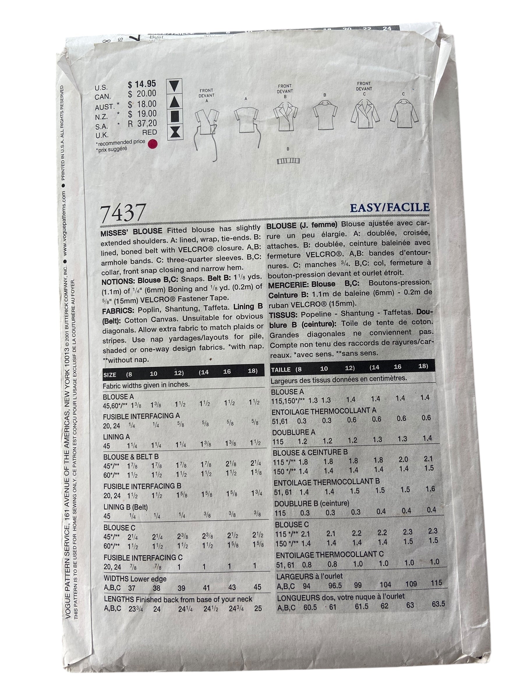Vogue 7437 vintage 2000s top sewing pattern. Bust 31.5, 32.5, 34 inches
