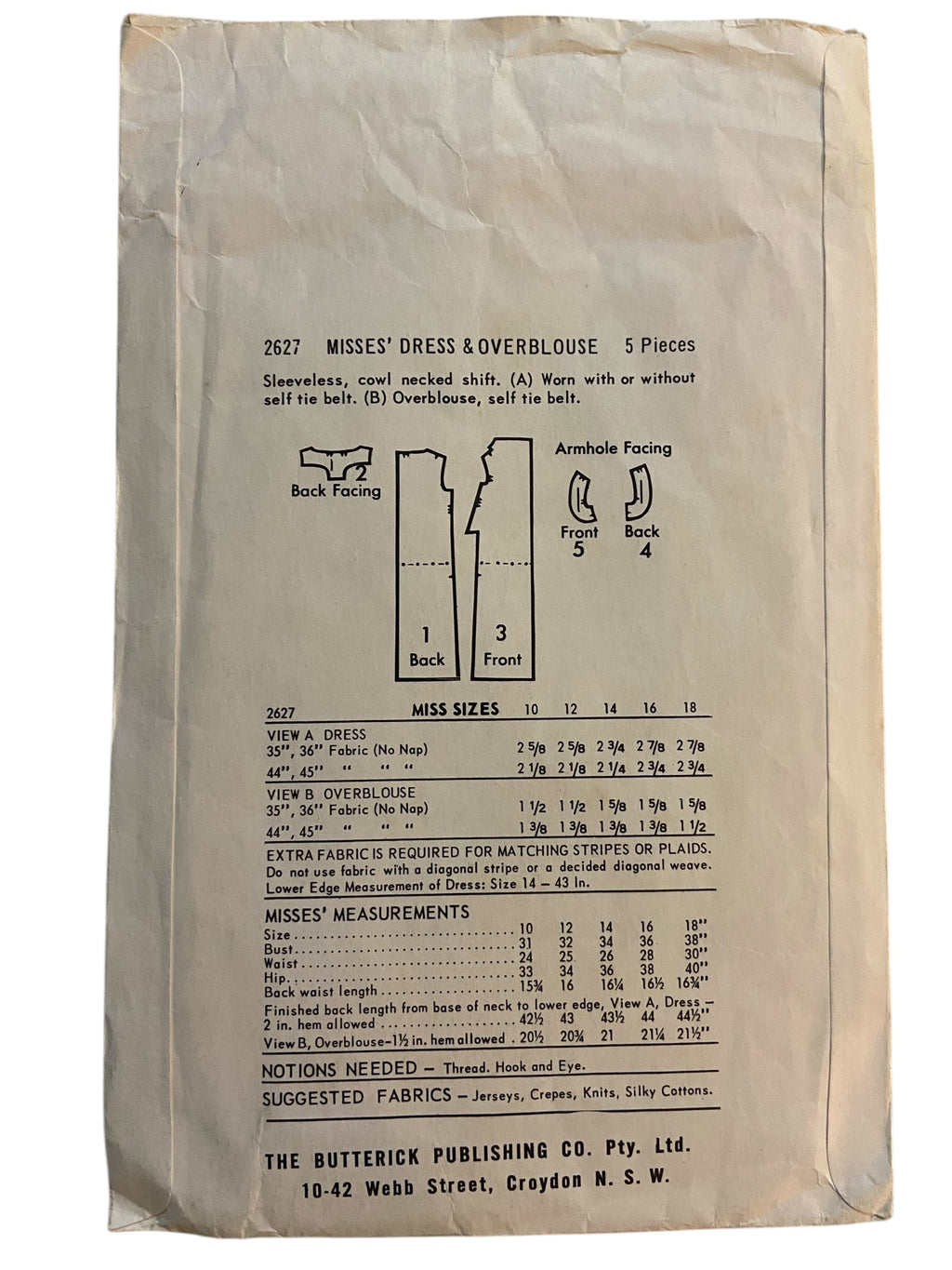 Butterick 2627 1-2-3 shift dress or overblouse sewing pattern Bust 34 inches