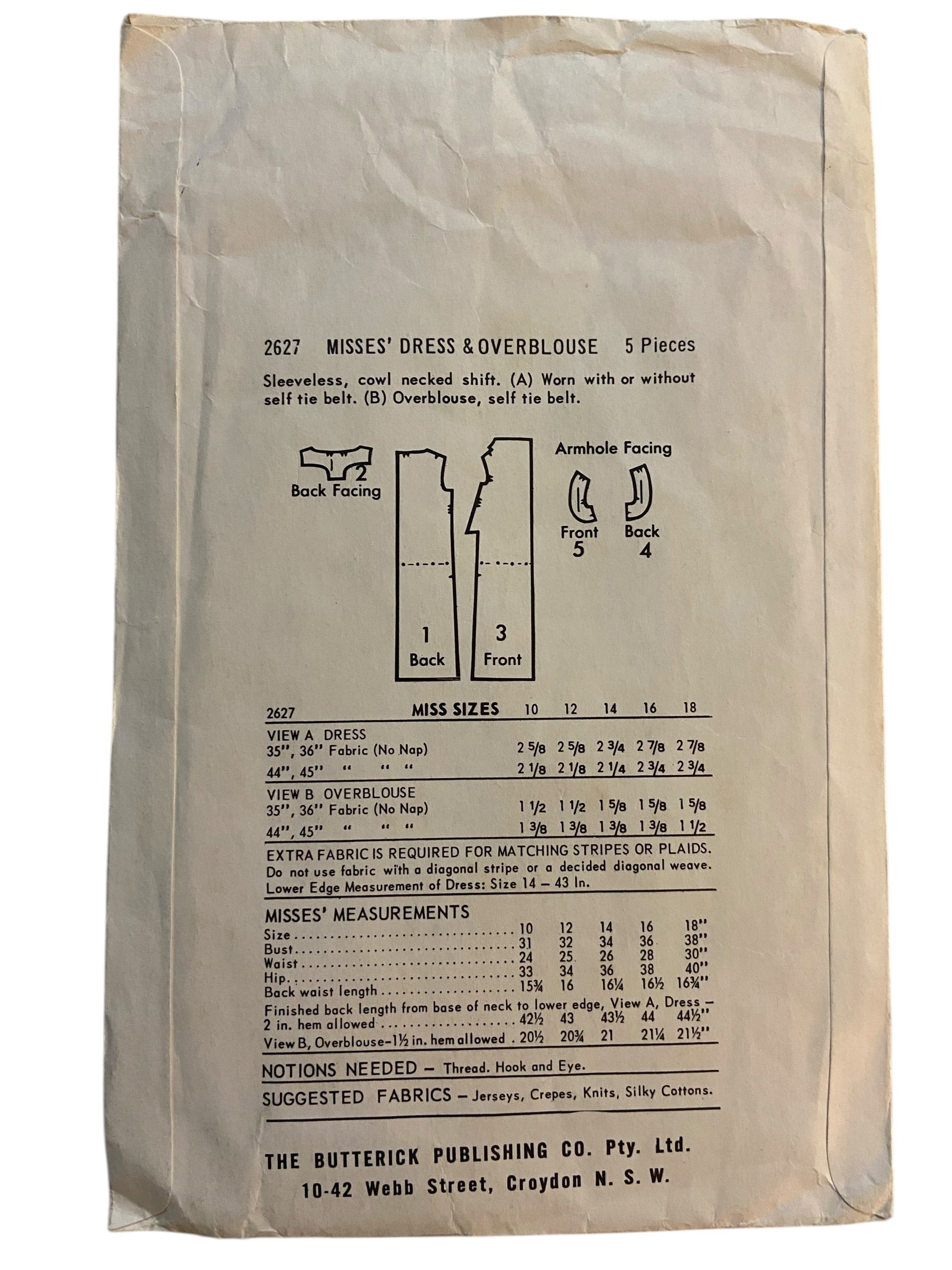 Butterick 2627 1-2-3 shift dress or overblouse sewing pattern Bust 34 inches