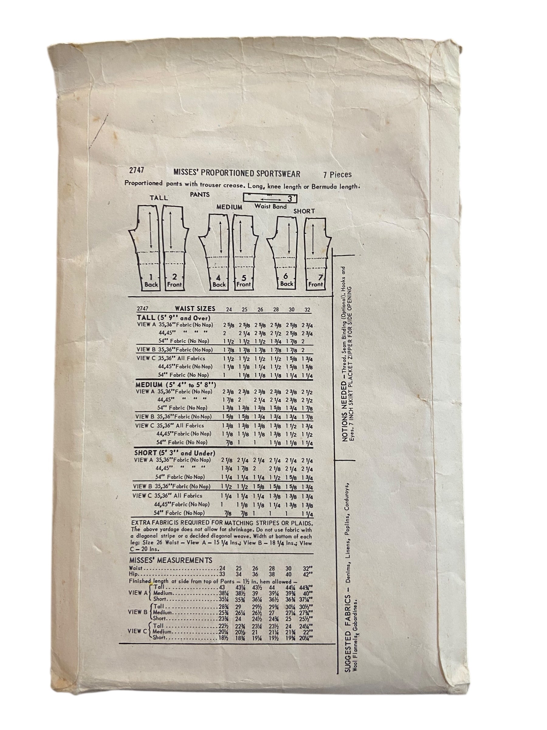 Butterick 2747 1960s vintage pants and shorts in proportional size sewing pattern. Waist 26 inches, hip 36 inches