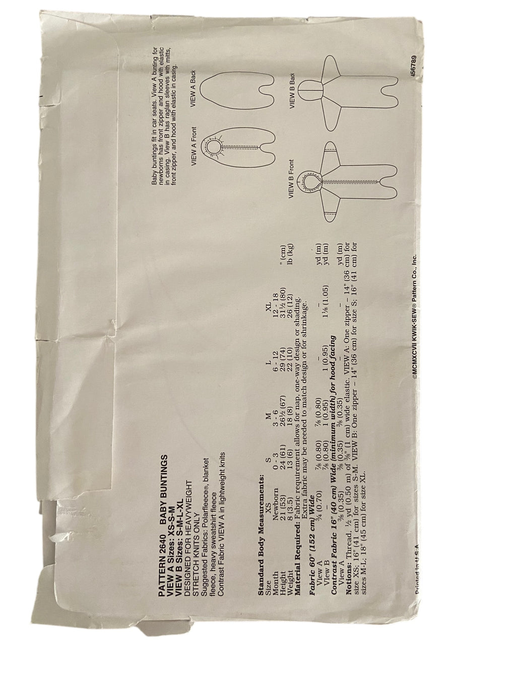 Kwik Sew baby buntings sewing pattern. Newborn to 18 months